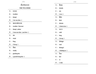 191 192
เกี่ยวกับอากาศ
THE WEATHER
T : อากาศ
E : weather
C : tianqi
P : ( tee-an-chee )
T : พยากรณ์อากาศ
E : weather forecast
C : tianqi yubao
P : ( teen-an-chee yuu-bow )
T : ลม
E : wind
C : feng
P : ( ferng )
T : มีลม
E : windy
C : guafeng-de
P : ( gwah-ferng-der )
T : มีเมฆ
E : cloudy
C : yin
P : ( een )
T : มีฝน
E : dust
C : chentu
P : ( churn-too )
T : หนาว
E : cold
C : leng
P : ( lerng )
T : ปกคลุม
E : coat
C : shangyi
P : ( shahng-ee )
T : ร้อน
E : hot
C : re
P : ( ruh)
 