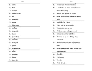 205 206
T : ผลไม้
E : fruit
C : shuiguo
P : (shway-gwoh)
T : ผัก
E : vegetables
C : shucai
P : (shoo-tsigh)
T : ตะเกียบ
E : chopsticks
C : kuaizi
P : (kwie-dzu)
T : ไม้จิ้มฟัน
E : toothpick
C : yaqian
P : (yah-chee-an)
T : อร่อย
E : delicious
C : haochi
P : (how-chr)
T : ฉันอยากจะจองโต๊ะอาหารเย็นวันนี้
E : I would like to make reservations for
dinner this evening.
C : Wo yao ding jintian de wanfan.
P : (Woh yee-ow deeng jeen-an der wahn-
fahn)
T : จองโต๊ะสาหรับ 3 ท่าน
E : There will be three people.
C : Wo-men you san-ge ren.
P : (Woh-mern you sahn-guh wren)
T : เราต้องการไปภัตตาคารเป็ดปักกิ่ง
E : We want to go to a Peking duck
restaurant.
C : Wo-men xiang qu yige Beijing kaoya
guan.
P : (Woh–mern she-ahng chwee ee-guh Bay-
jeeng kow-yah
T : ฉันกาลังหิว
E : I’m hungry.
C : We e le.
P : (Woh eh ler)
 