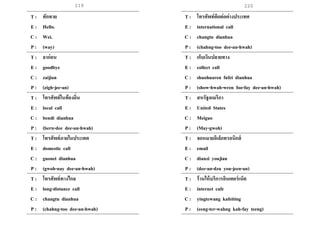 219 220
T : ทักทาย
E : Hello.
C : Wei.
P : (way)
T : ลาก่อน
E : goodbye
C : zaijian
P : (zigh-jee-an)
T : โทรศัพท์ในท้องถิ่น
E : local call
C : bendi dianhua
P : (bern-dee dee-an-hwah)
T : โทรศัพท์ภายในประเทศ
E : domestic call
C : guonei dianhua
P : (gwoh-nay dee-an-hwah)
T : โทรศัพท์ทางไกล
E : long-distance call
C : changtu dianhua
P : (chahng-too dee-an-hwah)
T : โทรศัพท์ติดต่อต่างประเทศ
E : international call
C : changtu dianhua
P : (chahng-too dee-an-hwah)
T : เก็บเงินปลายทาง
E : collect call
C : shuohuaren fufei dianhua
P : (show-hwah-wren foo-fay dee-an-hwah)
T : สหรัฐอเมริกา
E : United States
C : Meiguo
P : (May-gwoh)
T : จดหมายอิเล็กทรอนิกส์
E : email
C : dianzi youjian
P : (dee-an-dzu you-jeen-an)
T : ร้านให้บริการอินเตอร์เน็ต
E : internet cafe
C : yingtewang kafeiting
P : (eeng-ter-wahng kah-fay teeng)
 