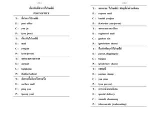 231 232
เกี่ยวกับที่ทาการไปรษณีย์
POST OFFICE
T : ที่ทาการไปรษณีย์
E : post office
C : you ju
P : (you jwee)
T : เกี่ยวกับไปรษณีย์
E : mail
C : youjian
P : (you-jee-an)
T : จดหมายทางอากาศ
E : airmail
C : hangkong
P : (hahng-kohng)
T : ส่งทางพื้นดินหรือทางเรือ
E : surface mail
C : ping you
P : (peeng you)
T : จดหมาย / ไปรษณีย์ / พัสดุที่ส่งด่วนพิเศษ
E : express mail
C : kuaidi youjian
P : (kwie-dee you-jee-an)
T : จดหมายลงทะเบียน
E : registered mail
C : guahao xin
P : (gwah-how sheen)
T : หีบห่อพัสดุ ค่าไปรษณีย์
E : parcel, shipping fee
C : baoguo
P : (gwah-how sheen)
T : แสตมป์
E : postage stamp
C : you piao
P : (you pee-ow)
T : การนาส่งแบบพิเศษ
E : special delivery
C : xianshi zhuansong
P : (shee-an-shr jwahn-sohng)
 