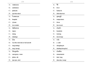 235 236
T : รถพยาบาล
E : ambulance
C : jiuhuche
P : (jeo-hoo-cher)
T : โรงพยาบาล
E : hospital
C : yiyuan
P : (ee-ywahn)
T : ภัยอันตราย
E : injury
C : shang
P : (shahng)
T : ป่ วย
E : Get ill or feel sick or feel unwell
C : tong (tohng)
P : teng (terng)
T : ห้องฉุกเฉิน
E : emergency room
C : jizhen shi
P : (jee-jern shr)
T : ไข้
E : fever
C : fashao-le
P : (fah-shou-ler)
T : อุณหภูมิ
E : temperature
C : tiwen
P : (tee-wern)
T : ปวดหัว
E : headache
C : touteng
P : (toe-terng)
T : หวัด
E : a cold
C : shangfeng-le
P : (shahng-ferng-ler)
T : ปวดท้อง
E : stomachache
C : duzi teng
P : (doo-dzu terng)
 