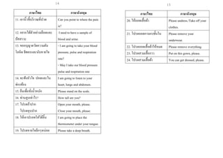 ภาษาไทย ภาษาอังกฤษ
11. เอานิ้วชี้บริเวณที่ปวด Can you point to where the pain
is?
12. อยากได้ตัวอย่างเลือดและ
ปัสสาวะ
I need to have a sample of
blood and urine.
13. ขออนุญาตวัดความดัน
โลหิต ชีพจรและนับหายใจ
- I am going to take your blood
pressure, pulse and respiration
rate?
- May I take our blood pressure
pulse and respiration rate
14. จะฟังหัวใจ ปอดและใน
ช่องท้อง
I am going to listen to your
heart, lungs and abdomen.
15. ยืนเพื่อชั่งน้าหนัก Please stand on the scale.
16. ท่านสูงเท่าไร? How tall are you?
17. โปรดอ้าปาก
โปรดหุบปาก
Open your mouth, please.
Close your mouth, please.
18. ให้เอาปรอทใส่ใต้ลิ้น I am going to place the
thermometer under your tongue.
19. โปรดหายใจลึกๆหน่อย Please take a deep breath.
ภาษาไทย ภาษาอังกฤษ
20. ให้ถอดเสื้อผ้า Please undress./Take off your
clothes.
21. โปรดถอดกางเกงชั้นใน Please remove your
underwear.
22. โปรดถอดเสื้อผ้าให้หมด Please remove everything.
23. โปรดสวมเสื้อกาว Put on this gown, please.
24. โปรดสวมเสื้อผ้า You can get dressed, please.
14 15
 