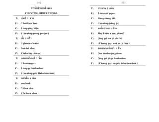 301 302
การนับจานวนสิ่งของ
COUNTING OTHER THINGS
T: เบียร์ 2 ขวด
E : 2 bottles of beer
C : Liang-ping bijiu.
P : ( Lee-ahng-peeng pee-jeo )
T: น้า 3 แก้ว
E : 3 glasses of water
C : San-bei shui.
P : ( Sahn-bay shway )
T: แฮมเบอร์เกอร์ 2 ชิ้น
E : 2 hamburgers
C : Liang-ge hanbaobao.
P : ( Lee-ahng-guh Hahn-bow-bow )
T: หนังสือ 1 เล่ม
E : one book
C : Yi-ben shu.
P : ( Ee-burn shoo )
T: กระดาษ 2 แผ่น
E : 2 sheets of paper.
C : Liang-zhang zhi.
P : (Lee-ahng-jahng jr )
T: ขอยืมปากกา 1 ด้าม
E : May I have a pen, please?
C : Qing gei wo yi zhi bi.
P : ( Cheeng gay woh ee jr bee )
T: ขอแฮมเบอร์เกอร์ 1 ชิ้น
E : One hamburger, please.
C : Qing gei yi-ge hanbaobao.
P : ( Cheeng gay ee-guh hahn-bow-bow )
 
