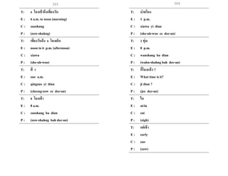 305 306305
T: 6 โมงเช้าถึงเที่ยงวัน
E : 6 a.m. to noon (morning)
C : zaoshang
P : (zow-shahng)
T: เที่ยงวันถึง 6 โมงเย็น
E : noon to 6 p.m. (afternoon)
C : xiawu
P : (she-ah-woo)
T: ตี 1
E : one a.m.
C : qingzao yi dian
P : (cheeng-zow ee dee-an)
T: 8 โมงเช้า
E : 8 a.m.
C : zaoshang ba dian
P : (zow-shahng bah dee-an)
T: บ่ายโมง
E : 1 p.m.
C : xiawu yi dian
P : (she-ah-woo ee dee-an)
T: 2 ทุ่ม
E : 8 p.m.
C : wanshang ba dian
P : (wahn-shahng bah dee-an)
T: กี่โมงแล้ว ?
E : What time is it?
C : ji dian ?
P : (jee dee-an)
T: ใน
E : at/in
C : zai
P : (zigh)
T: แต่เช้า
E : early
C : zao
P : (zow)
 