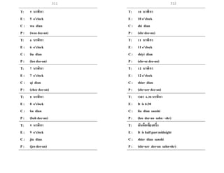 311 312
T: 5 นาฬิกา
E : 5 o’clock
C : wu dian
P : (woo dee-an)
T: 6 นาฬิกา
E : 6 o’clock
C : liu dian
P : (leo dee-an)
T: 7 นาฬิกา
E : 7 o’clock
C : qi dian
P : (chee dee-an)
T: 8 นาฬิกา
E : 8 o’clock
C : ba dian
P : (bah dee-an)
T: 9 นาฬิกา
E : 9 o’clock
C : jiu dian
P : (jeo dee-an)
T: 10 นาฬิกา
E : 10 o’clock
C : shi dian
P : (shr dee-an)
T: 11 นาฬิกา
E : 11 o’clock
C : shiyi dian
P : (shr-ee dee-an)
T: 12 นาฬิกา
E : 12 o’clock
C : shier dian
P : (shr-urr dee-an)
T: เวลา 6.30 นาฬิกา
E : It is 6:30
C : liu dian sanshi
P : (leo dee-an sahn - shr)
T: มันคือเที่ยงครึ่ง
E : It is half past midnight
C : shier dian sanshi
P : (shr-urr dee-an sahn-shr)
 