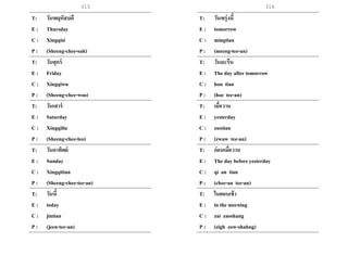 315 316
T: วันพฤหัสบดี
E : Thursday
C : Xingqisi
P : (Sheeng-chee-suh)
T: วันศุกร์
E : Friday
C : Xingqiwu
P : (Sheeng-chee-woo)
T: วันเสาร์
E : Saturday
C : Xingqiliu
P : (Sheeng-chee-leo)
T: วันอาทิตย์
E : Sunday
C : Xingqitian
P : (Sheeng-chee-tee-an)
T: วันนี้
E : today
C : jintian
P : (jeen-tee-an)
T: วันพรุ่งนี้
E : tomorrow
C : mingtian
P : (meeng-tee-an)
T: วันมะรืน
E : The day after tomorrow
C : hou tian
P : (hoe tee-an)
T: เมื่อวาน
E : yesterday
C : zuotian
P : (zwaw tee-an)
T: ก่อนเมื่อวาน
E : The day before yesterday
C : qi an tian
P : (chee-an tee-an)
T: ในตอนเช้า
E : in the morning
C : zai zaoshang
P : (zigh zow-shahng)
 