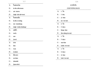 317 318
T: ในตอนบ่าย
E : in the afternoon
C : zai xiawu
P : (zigh she-ah-woo)
T: ในตอนเย็น
E : in the evening
C : zia wanshang
P : (zigh wahn-shahng)
T: แต่เช้า
E : early
C : zao
P : (zow)
T: สาย
E : late
C : wan
P : (wahn)
T: ทันเวลา
E : on time
C : zhunshi
P : (joon-shr)
การนับวัน
COUNTING DAYS
T: 1 วัน
E : 1 day
C : yi tian
P : (ee tee-an)
T: 2 วัน
E : 2 days
C : liang tian
P : (lee-ahng tee-an)
T: 3 วัน
E : 3 days
C : san tian
P : (sahn tee-an)
T: 4 วัน
E : 4 days
C : si tian
P : (suh tee-an)
 
