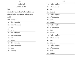337 338
การเขียนวันที่
GIVING DATES
Note:
การเขียนวันที่ของภาษาจีน จะขึ้นต้นด้วย ปี ค.ศ. ก่อน
แล้วตามด้วยเดือน และลงท้ายด้วย วันที่ ดังตัวอย่าง
ต่อไปนี้
2010, January, 1.
T: วันที่ 1 ของเดือน
E : 1 st of the month
C : yiri
P : (ee-rr)
T: วันที่ 2 ของเดือน
E : 2nd of the month
C : erri
P : (urr-rr)
T: วันที่ 3 ของเดือน
E : 3rd of the month
C : sanri
P : (sahn-rr)
T: วันที่ 4 ของเดือน
E : 4th
of the month
C : siri
P : (suh-rr)
T: วันที่ 5 ของเดือน
E : 5th
of the month
C : wuri
P : (woo-rr)
T: วันที่ 6 ของเดือน
E : 6th
of the month
C : liuri
P : (leo-rr)
T: วันที่ 7 ของเดือน
E : 7th
of the month
C : qiri
P : (chee-rr)
T: วันที่ 8 ของเดือน
E : 8th
of the month
C : bari
P : (bah-rr)
 