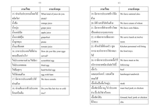 44
ภาษาไทย ภาษาอังกฤษ
15. ท่านรับประทานน้าผลไม้
ชนิดใด?
What kind of juice do you
drink?
น้าส้ม orange juice
น้าองุ่น grape juice
น้าแอปเปิล apple juice
น้าเกรฟฟรุ้ท grapefruit
น้าลูกพรุน prune
น้ามะเขือเทศ tomato juice
16. อาหารประเภทไข่ที่ท่าน
ชอบเป็นอย่างไร?
How do you like your eggs
served?
ไข่ประเภทจานด่วน/ไข่เจียว scrambled egg
ไข่ประเภททอด fried egg
ไข่ต้มสุกๆ hard-boiled egg
ไข่ใส่แฮมด้วย egg with ham
17. มีอาหารประเภทข้าวให้
ท่านด้วย
We have cereals.
18. ท่านต้องการข้าวประเภท
ร้อนหรือเย็น
Do you like hot rice or cold
rice?
ภาษาไทย ภาษาอังกฤษ
19. มีอาหารประเภทข้าวโอ๊ต
ด้วย
We have oatmeal also.
20. มีข้าวสาลีใส่ครีมด้วย We have cream of wheat.
21. มีอาหารที่ทาจากข้าวโพด
เป็นแผ่นบางๆและกรอบ
We have corn flakes.
22. เราจัดอาหารเที่ยงเวลา
12.00น.
We serve lunch at twelve
noon.
23. เจ้าหน้าที่ห้องครัว /สูท
กรรม จะนาอาหารใส่ถาดมา
ให้
Kitchen personnel will bring
the food trays.
24. เรามีอาหารประเภทเนื้อไว้
บริการหลายชนิด ดังต่อไปนี้
We have meat as the
following:
เนื้อวัว beef
แฮมเบอร์เกอร์ / แซนด์วิช
สอดไส้
hamburger/sandwich
เนื้อหั่นเป็นชิ้นใหญ่ๆ steak
เนื้อสัตว์เนื้อ หมู ไก่ ประเภท
ย่าง ปิ้ง ผิงไฟ หรืออบ
roast beef pork or chicken
เนื้อสัตว์สับ Ground, beef, pork or chicken
ซี่โครง ribs
45
 