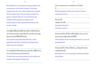 Blue Window No.22 is for patient screening the patients. The
screening nurse will call names of patient’s with yellow
symptom forms who come. And new patients have to present
the blue symptom forms. The nurse needs to ask about the
patient’s symptoms before she / he sees the doctor. and
including with the patients who will pay by cash
(cash privilege) for make a payment before checking. The
amount is 50 baht.
___________________________________________________
สาหรับผู้ป่วยที่ยื่นบัตรนัดสีฟ้ า บัตรนัดสีขาว ที่มีนัดเรียบร้อย
แล้ว หลังจากท่านวัดความดันโลหิตแล้ว กรุณานั่งรอบริเวณจุด
พักคอย บริเวณเก้าอี้ที่จัดไว้ด้านในค่ะ
For the patients who already showed the blue or white
appointment cards after you checked your blood pressure,
please wait at the waiting area.
___________________________________________________
ประชาสัมพันธ์ ห้องที่แพทย์ออกตรวจแต่ละห้อง ให้ผู้รับบริการ
ทราบ (ตามใบมอบหมายงานในแต่ละวัน)
To inform the rooms where the doctors use for checking the
recipients (Job assignment of physician)
___________________________________________________
อ่านตารางมอบหมายงาน แพทย์ออกตรวจโรคห้อง
ที่ ....................................................................................
Read job assignment of physician, the doctor will go for
examination room No. ................................................................
___________________________________________________
ห้องตรวจที่ 1
แพทย์ตรวจโรคชื่อ.....................................................................
Examination Room No.1
The doctor’s name Dr.………………………………………..
___________________________________________________
ช่องหมายเลขที่ 24 (สีเหลือง) เป็นช่องติดต่อ สอบ-ถาม ท่าน
สามารถสอบถามปัญหาข้อสงสัยได้ที่นี่
Yellow Window No.24 is for asking information. You can ask
the problems here.
___________________________________________________
ช่องหมายเลขที่ 26 (สีแดง) เป็นช่อง scan ข้อมูลหลังจากพบ
แพทย์เรียบร้อยแล้ว
Red Window No.26 is for scanning the informationafter had
met the doctor.
___________________________________________________
63 64
 