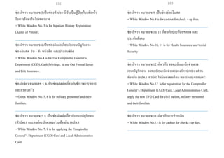 ช่องสีขาว หมายเลข 3เป็นช่องทาประวัติรับเป็นผู้ป่วยใน เพื่อเข้า
รับการรักษาในโรงพยาบาล
= White Window No. 3 is for Inpatient History Registration
(Admit of Patient).
___________________________________________________
ช่องสีขาว หมายเลข 4เป็นช่องติดต่อเกี่ยวกับกรมบัญชีกลาง
ช่องเงินสด รับ – ส่ง หนังสือ และประกันชีวิต
= White Window No.4 is for The Comptroller General’s
Department (CGD), Cash Privilege, In and Out Formal Letter
and Life Insurance.
___________________________________________________
ช่องสีเขียว หมายเลข 5, 6 เป็นช่องติดต่อเกี่ยวกับข้าราชการทหาร
และครอบครัว
= Green Window No. 5, 6 is for military personnel and their
families.
___________________________________________________
ช่องสีขาว หมายเลข 7, 8 เป็นช่องติดต่อเกี่ยวกับกรมบัญชีกลาง
(ทาบัตร) และองค์กรปกครองส่วนท้องถิ่น (อปท.)
= White Window No. 7, 8 is for applying the Comptroller
General’s Department (CGD) Card and Local Administration
Card.
ช่องสีขาว หมายเลข 9 เป็นช่องจ่ายเงินสด
= White Window No.9 is for cashier for check – up fees.
___________________________________________________
ช่องสีขาว หมายเลข 10, 11 เกี่ยวกับประกันสุขภาพ และ
ประกันสังคม
= White Window No.10, 11 is for Health Insurance and Social
Security
___________________________________________________
ช่องสีขาว หมายเลข 12 เกี่ยวกับ ลงทะเบียน เบิกจ่ายตรง
กรมบัญชีกลาง ลงทะเบียน เบิกจ่ายตรงองค์กรปกครองส่วน
ท้องถิ่น (อปท.) ทาบัตรใหม่ของพลเรือน ทหาร และครอบครัว
= White Window No.12 is for registration for the Comptroller
General’s Department (CGD) Card, Local Administration Card,
apply the new OPD Card for civil patient, military personnel
and their families.
___________________________________________________
ช่องสีขาว หมายเลข 13 เกี่ยวกับการชาระเงิน
= White Window No.13 is for cashier for check – up fees.
___________________________________________________
102 103
 