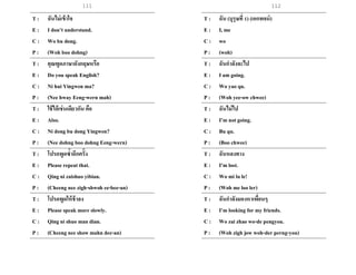 111
T : ฉันไม่เข้าใจ
E : I don’t understand.
C : Wo bu dong.
P : (Woh boo dohng)
T : คุณพูดภาษาอังกฤษหรือ
E : Do you speak English?
C : Ni hui Yingwen ma?
P : (Nee hway Eeng-wern mah)
T : ใช้ได้เช่นเดียวกัน คือ
E : Also.
C : Ni dong bu dong Yingwen?
P : (Nee dohng boo dohng Eeng-wern)
T : โปรดพูดซ้าอีกครั้ง
E : Please repeat that.
C : Qingni zaishuo yibian.
P : (Cheeng nee zigh-shwoh ee-bee-an)
T : โปรดพูดให้ช้าลง
E : Please speak more slowly.
C : Qingni shuo man dian.
P : (Cheeng nee show mahn dee-an)
T : ฉัน (บุรุษที่ 1) (เอกพจน์)
E : I, me
C : wo
P : (woh)
T : ฉันกาลังจะไป
E : I am going.
C : Wo yao qu.
P : (Woh yee-ow chwee)
T : ฉันไม่ไป
E : I’m not going.
C : Bu qu.
P : (Boo chwee)
T : ฉันหลงทาง
E : I’m lost.
C : Wo mi lu le!
P : (Woh me loo ler)
T : ฉันกาลังมองหาเพื่อนๆ
E : I’m looking for my friends.
C : Wo zai zhao wo-de pengyou.
P : (Woh zigh jow woh-der perng-you)
112
 