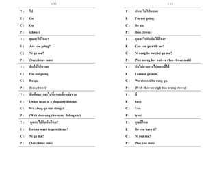 131 132
T : ไป
E : Go
C : Qu
P : (chwee)
T : คุณจะไปไหม?
E : Are you going?
C : Ni qu ma?
P : (Nee chwee mah)
T : ฉันไม่ไปหรอก
E : I’m not going
C : Bu qu.
P : (boo chwee)
T : ฉันต้องการจะไปซื้อของที่แหล่งขาย
E : I want to go to a shopping district.
C : Wo xiang qu mai dongxi.
P : (Woh shee-ang chwee my dohng she)
T : คุณจะไปกับฉันไหม?
E : Do you want to go with me?
C : Ni qu ma?
P : (Nee chwee mah)
T : ฉันจะไม่ไปหรอก
E : I’m not going.
C : Bu qu.
P : (boo chwee)
T : คุณจะไปกับฉันได้ไหม?
E : Can you go with me?
C : Ni neng he wo yiqiqu ma?
P : (Nee nerng her woh ee-chee chwee mah)
T : ฉันไม่สามารถไปตอนนี้ได้
E : I cannot go now.
C : Wo xianzai bu neng qu.
P : (Woh shee-an-zigh boo nerng chwee)
T : มี
E : have
C : You
P : (you)
T : คุณมีไหม
E : Do you have it?
C : Ni you ma?
P : (Nee you mah)
 