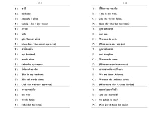 143 144
T : สามี
E : husband
C : zhangfu / airen
P : (jahng – foo / aye ween)
T : ภรรยา
E : wife
C : qizi / furen / airen
P : (chee-dzu / foo-wren / aye-wren)
T : สามีของฉัน
E : my husband
C : wo-de airen
P : (who-der aye-wren)
T : นี่คือสามีของฉัน
E : This is my husband.
C : Zhe shi wo-de airen.
P : (Juh shr who-der aye-wren)
T : ภรรยาของฉัน
E : my wife
C : wo-de furen
P : (who-der foo-wren)
T : นี่คือภรรยาของฉัน
E : This is my wife.
C : Zhe shi wo-de furen.
P : (Juh shr who-der foo-wren)
T : ลูกชายของเรา
E : our son
C : Wo-men-de erzi.
P : (Woh-mern-der urr-jee)
T : ลูกสาวของเรา
E : our daughter
C : Wo-men-de nure.
P : (Woh-mern-derh nwee-urr)
T : เรามาจากเมืองอะริโซน่า
E : We are from Arizona.
C : Wo-men shi Arizona lai-de.
P : (Who-mern shr Arizona lie-der)
T : คุณแต่งงานหรือยัง
E : Are you married?
C : Ni jiehun le ma?
P : (Nee jee-eh-hoon ler mah)
 