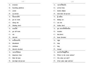 171 172
T : ชานชาลา
E : boarding platform
C : yuetai
P : (yu-eh-tie)
T : ขึ้นบนรถไฟ
E : get on train
C : shang che
P : (shahng cher)
T : ลงรถไฟ
E : get off train
C : xia
P : (she-ah)
T : เอาขึ้นจากเรือ
E : disembark
C : xiachuan
P : (she-ah chwahn)
T : เวลารถไฟออก
E : departure time
C : likai shi jian
P : (lee-kigh shr-jee-an)
T : เวลารถไฟมาถึง
E : arrival time
C : daoda shijian
P : (dow-dah shr-jee-an)
T : ตู้ เสบียง
E : dining car
C : can che
P : (tsahn cher)
T : จุด / สถานที่เคลื่อนย้าย
E : transfer
C : dao (dow)
P : huan (hwahn)
T : หยุด
E : stop
C : ting
P : (teeng)
T : สถานีรถไฟอยู่ที่ไหน
E : Where is the train station?
C : Che zhan zai nali ?
P : (Cher jahn zigh nah-lee)
 
