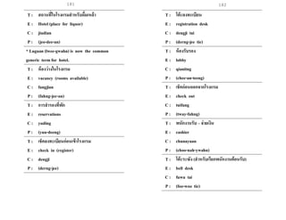 181 182
T : สถานที่ในโรงแรมสาหรับดื่มเหล้า
E : Hotel (place for liquor)
C : jiudian
P : (jeo-dee-an)
* Luguan (lwee-gwahn) is now the common
generic term for hotel.
T : ห้องว่างในโรงแรม
E : vacancy (rooms available)
C : fangjian
P : (fahng-jee-an)
T : การสารองที่พัก
E : reservations
C : yuding
P : (yuu-deeng)
T : เช็คลงทะเบียนก่อนเข้าโรงแรม
E : check in (register)
C : dengji
P : (derng-jee)
T : โต๊ะลงทะเบียน
E : registration desk
C : dengji tai
P : (derng-jee tie)
T : ห้องรับรอง
E : lobby
C : qianitng
P : (chee-an-teeng)
T : เช็คก่อนออกจากโรงแรม
E : check out
C : tuifang
P : (tway-fahng)
T : พนักงานรับ – จ่ายเงิน
E : cashier
C : chunayuan
P : (choo-nah-ywahn)
T : โต๊ะระฆัง (สาหรับเรียกพนักงานต้อนรับ)
E : bell desk
C : fuwu tai
P : (foo-woo tie)
 
