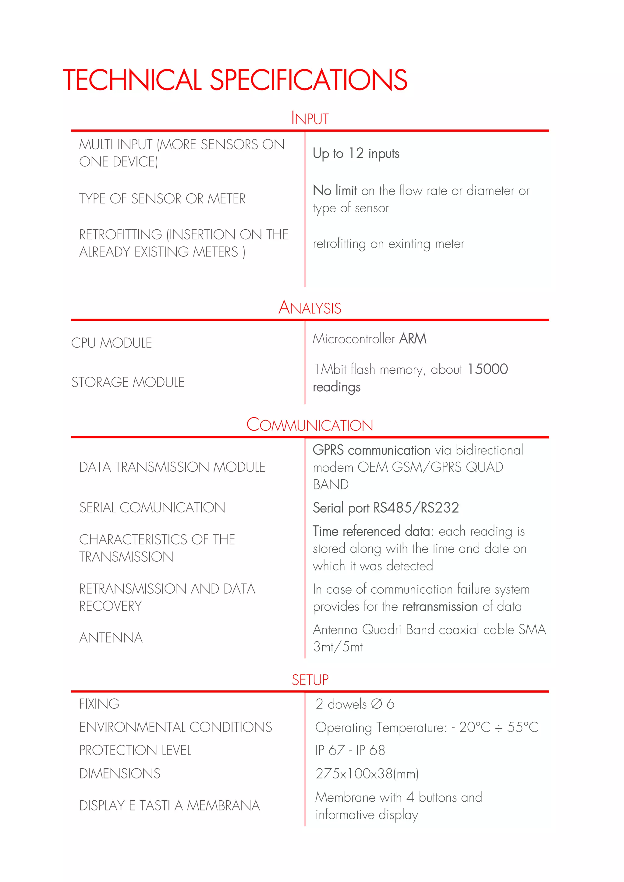 TECHNICAL SPECIFICATIONS
INPUT
MULTI INPUT (MORE SENSORS ON
ONE DEVICE)
Up to 12 inputs
TYPE OF SENSOR OR METER
No limit on the flow rate or diameter or
type of sensor
RETROFITTING (INSERTION ON THE
ALREADY EXISTING METERS )
retrofitting on exinting meter
ANALYSIS
CPU MODULE Microcontroller ARM
STORAGE MODULE
1Mbit flash memory, about 15000
readings
COMMUNICATION
DATA TRANSMISSION MODULE
GPRS communication via bidirectional
modem OEM GSM/GPRS QUAD
BAND
SERIAL COMUNICATION Serial port RS485/RS232
CHARACTERISTICS OF THE
TRANSMISSION
Time referenced data: each reading is
stored along with the time and date on
which it was detected
RETRANSMISSION AND DATA
RECOVERY
In case of communication failure system
provides for the retransmission of data
ANTENNA
Antenna Quadri Band coaxial cable SMA
3mt/5mt
SETUP
FIXING 2 dowels Ø 6
ENVIRONMENTAL CONDITIONS Operating Temperature: - 20°C ÷ 55°C
PROTECTION LEVEL IP 67 - IP 68
DIMENSIONS 275x100x38(mm)
DISPLAY E TASTI A MEMBRANA
Membrane with 4 buttons and
informative display
 