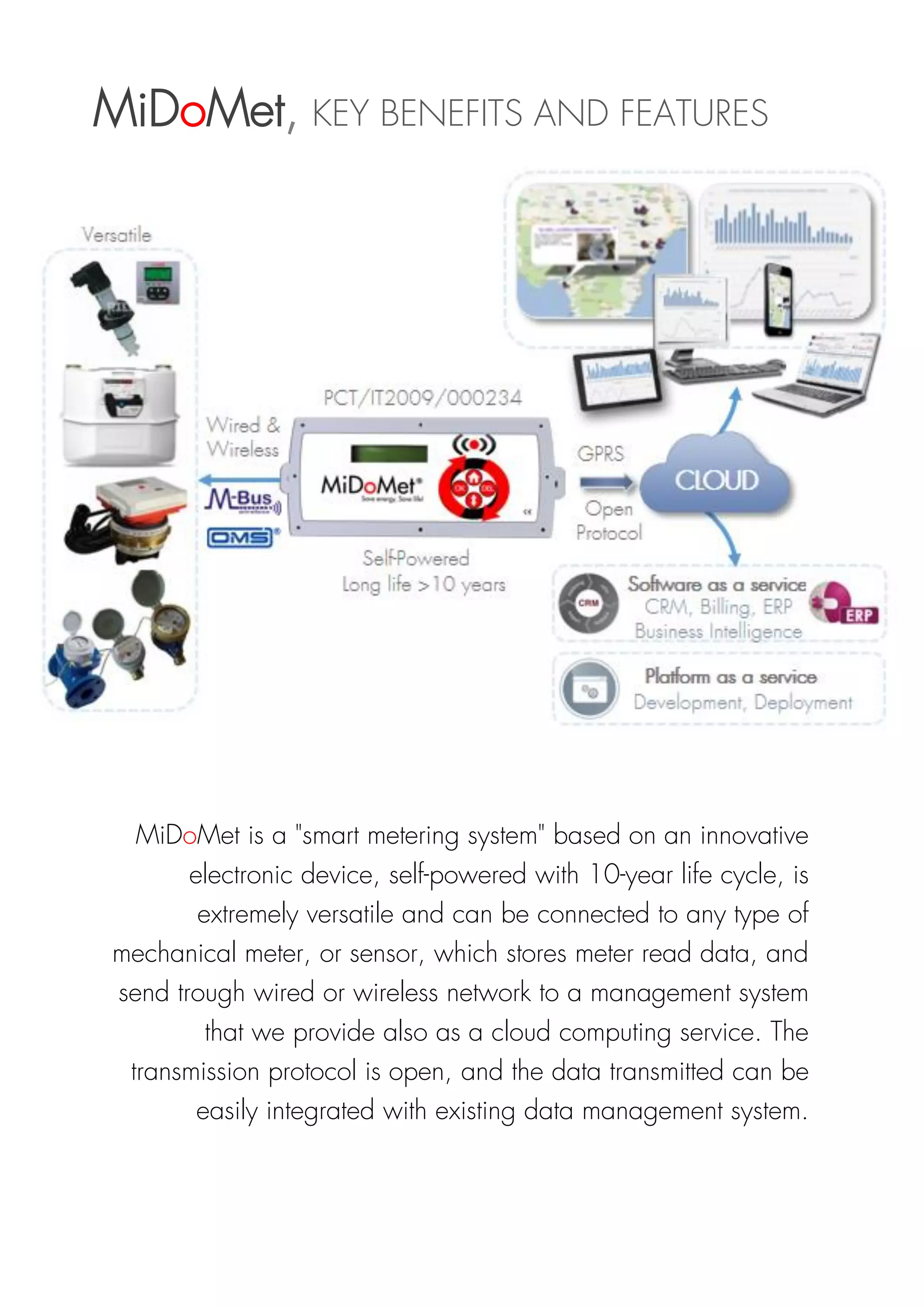 MiDoMet, KEY BENEFITS AND FEATURES
MiDoMet is a "smart metering system" based on an innovative
electronic device, self-powered with 10-year life cycle, is
extremely versatile and can be connected to any type of
mechanical meter, or sensor, which stores meter read data, and
send trough wired or wireless network to a management system
that we provide also as a cloud computing service. The
transmission protocol is open, and the data transmitted can be
easily integrated with existing data management system.
 