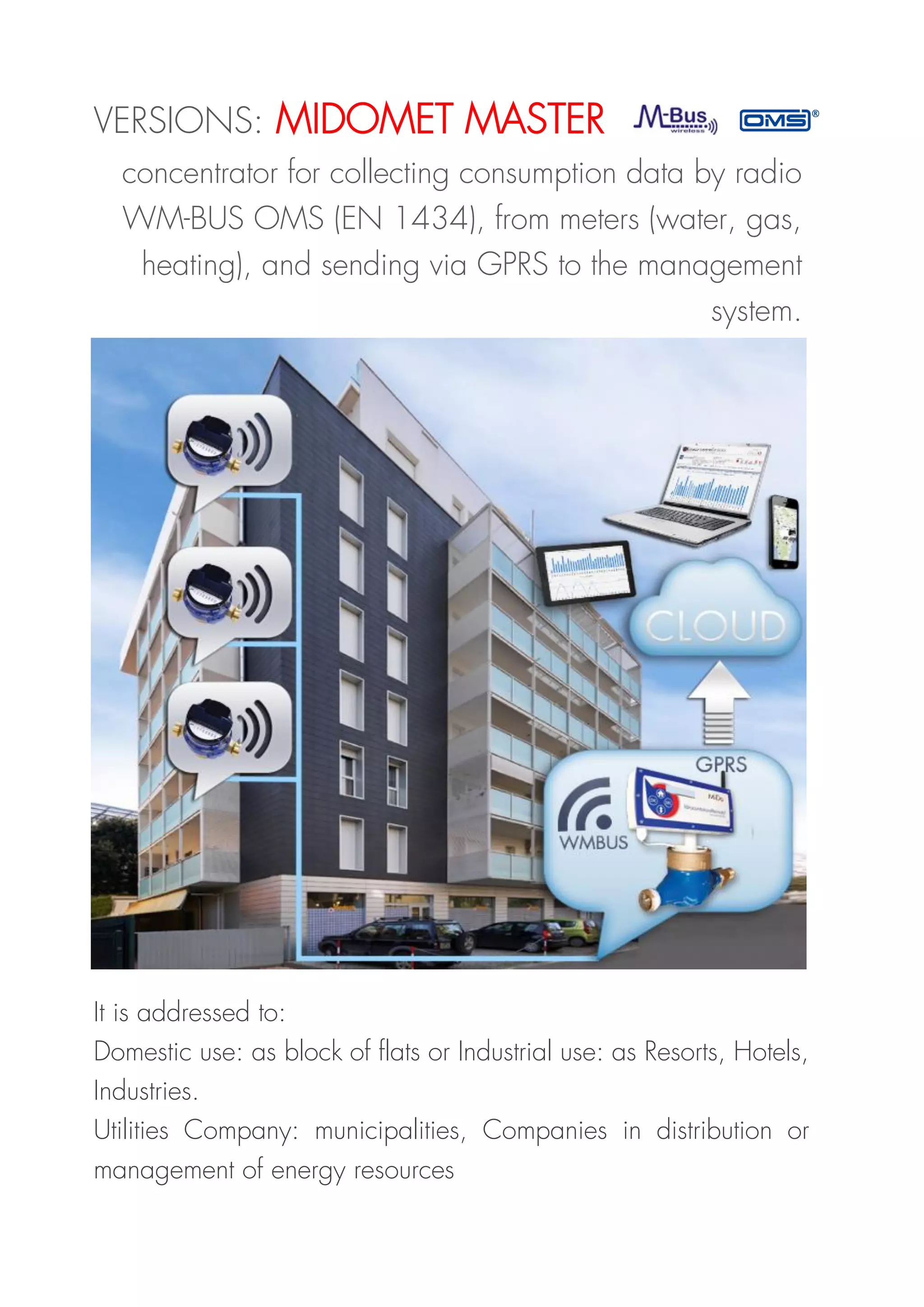 VERSIONS: MIDOMET MASTER
concentrator for collecting consumption data by radio
WM-BUS OMS (EN 1434), from meters (water, gas,
heating), and sending via GPRS to the management
system.
It is addressed to:
Domestic use: as block of flats or Industrial use: as Resorts, Hotels,
Industries.
Utilities Company: municipalities, Companies in distribution or
management of energy resources
 