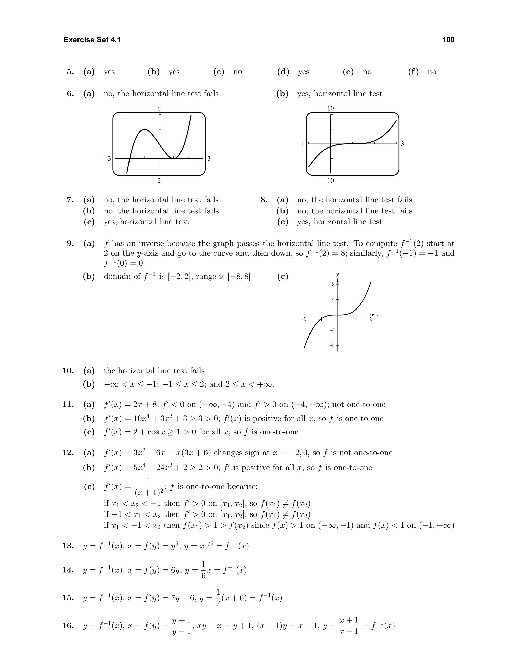 Exercise Set 4.1 100
5. (a) yes (b) yes (c) no (d) yes (e) no (f) no
6. (a) no, the horizontal line test fails
6
-2
-3 3
(b) yes, horizontal line test
10
-10
-1 3
7. (a) no, the horizontal line test fails
(b) no, the horizontal line test fails
(c) yes, horizontal line test
8. (a) no, the horizontal line test fails
(b) no, the horizontal line test fails
(c) yes, horizontal line test
9. (a) f has an inverse because the graph passes the horizontal line test. To compute f−1
(2) start at
2 on the y-axis and go to the curve and then down, so f−1
(2) = 8; similarly, f−1
(−1) = −1 and
f−1
(0) = 0.
(b) domain of f−1
is [−2, 2], range is [−8, 8] (c)
-2 -1 1 2
-8
-4
4
8
y
x
10. (a) the horizontal line test fails
(b) −∞ < x ≤ −1; −1 ≤ x ≤ 2; and 2 ≤ x < +∞.
11. (a) f (x) = 2x + 8; f < 0 on (−∞, −4) and f > 0 on (−4, +∞); not one-to-one
(b) f (x) = 10x4
+ 3x2
+ 3 ≥ 3 > 0; f (x) is positive for all x, so f is one-to-one
(c) f (x) = 2 + cos x ≥ 1 > 0 for all x, so f is one-to-one
12. (a) f (x) = 3x2
+ 6x = x(3x + 6) changes sign at x = −2, 0, so f is not one-to-one
(b) f (x) = 5x4
+ 24x2
+ 2 ≥ 2 > 0; f is positive for all x, so f is one-to-one
(c) f (x) =
1
(x + 1)2
; f is one-to-one because:
if x1 < x2 < −1 then f > 0 on [x1, x2], so f(x1) = f(x2)
if −1 < x1 < x2 then f > 0 on [x1, x2], so f(x1) = f(x2)
if x1 < −1 < x2 then f(x1) > 1 > f(x2) since f(x) > 1 on (−∞, −1) and f(x) < 1 on (−1, +∞)
13. y = f−1
(x), x = f(y) = y5
, y = x1/5
= f−1
(x)
14. y = f−1
(x), x = f(y) = 6y, y =
1
6
x = f−1
(x)
15. y = f−1
(x), x = f(y) = 7y − 6, y =
1
7
(x + 6) = f−1
(x)
16. y = f−1
(x), x = f(y) =
y + 1
y − 1
, xy − x = y + 1, (x − 1)y = x + 1, y =
x + 1
x − 1
= f−1
(x)
 