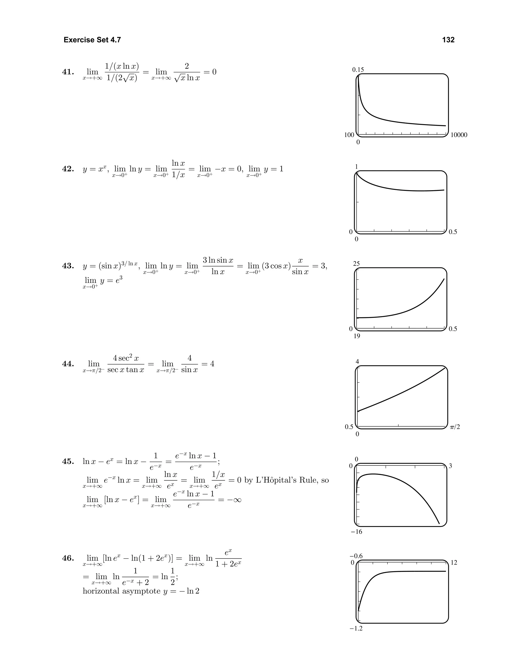 Exercise Set 4.7 132
41. lim
x→+∞
1/(x ln x)
1/(2
√
x)
= lim
x→+∞
2
√
x ln x
= 0 0.15
0
100 10000
42. y = xx
, lim
x→0+
ln y = lim
x→0+
ln x
1/x
= lim
x→0+
−x = 0, lim
x→0+
y = 1 1
0
0 0.5
43. y = (sin x)3/ ln x
, lim
x→0+
ln y = lim
x→0+
3 ln sin x
ln x
= lim
x→0+
(3 cos x)
x
sin x
= 3,
lim
x→0+
y = e3
25
19
0 0.5
44. lim
x→π/2−
4 sec2
x
sec x tan x
= lim
x→π/2−
4
sin x
= 4 4
0
0.5 p/2
45. ln x − ex
= ln x −
1
e−x
=
e−x
ln x − 1
e−x
;
lim
x→+∞
e−x
ln x = lim
x→+∞
ln x
ex
= lim
x→+∞
1/x
ex
= 0 by L’Hˆopital’s Rule, so
lim
x→+∞
[ln x − ex
] = lim
x→+∞
e−x
ln x − 1
e−x
= −∞
0
-16
0 3
46. lim
x→+∞
[ln ex
− ln(1 + 2ex
)] = lim
x→+∞
ln
ex
1 + 2ex
= lim
x→+∞
ln
1
e−x + 2
= ln
1
2
;
horizontal asymptote y = − ln 2
-0.6
-1.2
0 12
 