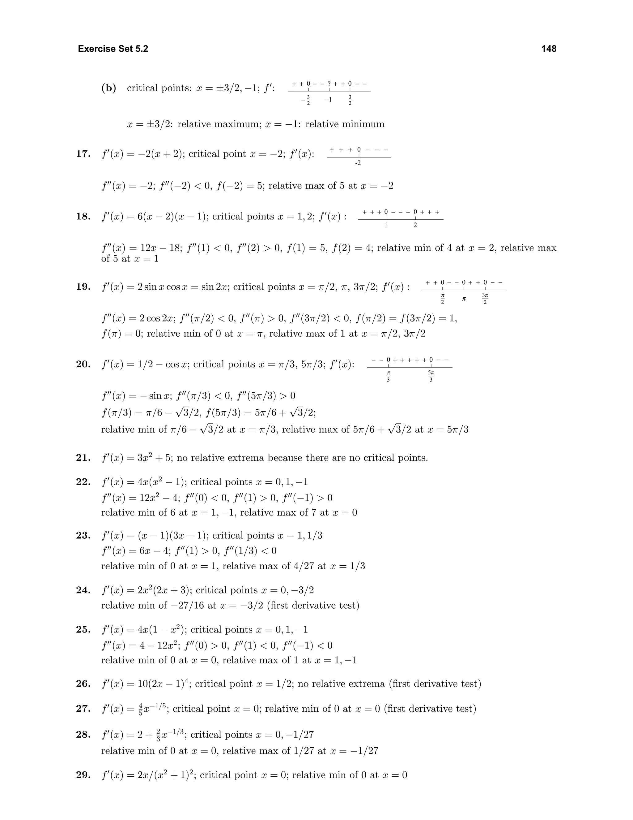 Exercise Set 5.2 148
(b) critical points: x = ±3/2, −1; f :
0 ?
−1
0+ ++ + −−− −
− 3
2
3
2
x = ±3/2: relative maximum; x = −1: relative minimum
17. f (x) = −2(x + 2); critical point x = −2; f (x):
0
-2
− −++ + −
f (x) = −2; f (−2) < 0, f(−2) = 5; relative max of 5 at x = −2
18. f (x) = 6(x − 2)(x − 1); critical points x = 1, 2; f (x) :
0 0
1 2
− ++ + +++ − −
f (x) = 12x − 18; f (1) < 0, f (2) > 0, f(1) = 5, f(2) = 4; relative min of 4 at x = 2, relative max
of 5 at x = 1
19. f (x) = 2 sin x cos x = sin 2x; critical points x = π/2, π, 3π/2; f (x) :
0 0
π
0+ ++ + −−− −
π π
2 2
3
f (x) = 2 cos 2x; f (π/2) < 0, f (π) > 0, f (3π/2) < 0, f(π/2) = f(3π/2) = 1,
f(π) = 0; relative min of 0 at x = π, relative max of 1 at x = π/2, 3π/2
20. f (x) = 1/2 − cos x; critical points x = π/3, 5π/3; f (x):
0 0+ +− − −−+ + +
π π
3 3
5
f (x) = − sin x; f (π/3) < 0, f (5π/3) > 0
f(π/3) = π/6 −
√
3/2, f(5π/3) = 5π/6 +
√
3/2;
relative min of π/6 −
√
3/2 at x = π/3, relative max of 5π/6 +
√
3/2 at x = 5π/3
21. f (x) = 3x2
+ 5; no relative extrema because there are no critical points.
22. f (x) = 4x(x2
− 1); critical points x = 0, 1, −1
f (x) = 12x2
− 4; f (0) < 0, f (1) > 0, f (−1) > 0
relative min of 6 at x = 1, −1, relative max of 7 at x = 0
23. f (x) = (x − 1)(3x − 1); critical points x = 1, 1/3
f (x) = 6x − 4; f (1) > 0, f (1/3) < 0
relative min of 0 at x = 1, relative max of 4/27 at x = 1/3
24. f (x) = 2x2
(2x + 3); critical points x = 0, −3/2
relative min of −27/16 at x = −3/2 (ﬁrst derivative test)
25. f (x) = 4x(1 − x2
); critical points x = 0, 1, −1
f (x) = 4 − 12x2
; f (0) > 0, f (1) < 0, f (−1) < 0
relative min of 0 at x = 0, relative max of 1 at x = 1, −1
26. f (x) = 10(2x − 1)4
; critical point x = 1/2; no relative extrema (ﬁrst derivative test)
27. f (x) = 4
5 x−1/5
; critical point x = 0; relative min of 0 at x = 0 (ﬁrst derivative test)
28. f (x) = 2 + 2
3 x−1/3
; critical points x = 0, −1/27
relative min of 0 at x = 0, relative max of 1/27 at x = −1/27
29. f (x) = 2x/(x2
+ 1)2
; critical point x = 0; relative min of 0 at x = 0
 