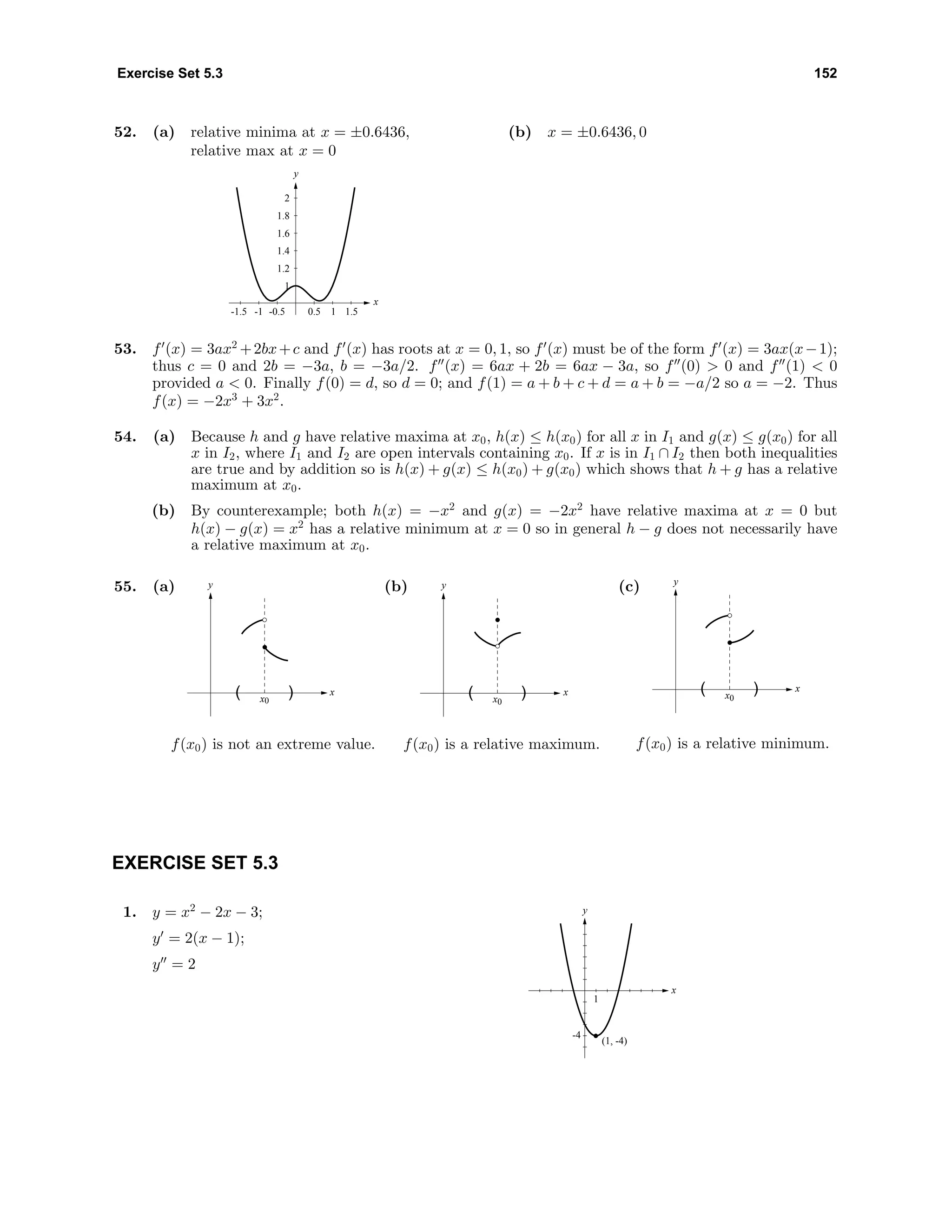 Exercise Set 5.3 152
52. (a) relative minima at x = ±0.6436,
relative max at x = 0
y
x
1
1.2
1.4
1.6
1.8
2
-1.5 -1 -0.5 0.5 1 1.5
(b) x = ±0.6436, 0
53. f (x) = 3ax2
+2bx+c and f (x) has roots at x = 0, 1, so f (x) must be of the form f (x) = 3ax(x−1);
thus c = 0 and 2b = −3a, b = −3a/2. f (x) = 6ax + 2b = 6ax − 3a, so f (0) > 0 and f (1) < 0
provided a < 0. Finally f(0) = d, so d = 0; and f(1) = a + b + c + d = a + b = −a/2 so a = −2. Thus
f(x) = −2x3
+ 3x2
.
54. (a) Because h and g have relative maxima at x0, h(x) ≤ h(x0) for all x in I1 and g(x) ≤ g(x0) for all
x in I2, where I1 and I2 are open intervals containing x0. If x is in I1 ∩ I2 then both inequalities
are true and by addition so is h(x) + g(x) ≤ h(x0) + g(x0) which shows that h + g has a relative
maximum at x0.
(b) By counterexample; both h(x) = −x2
and g(x) = −2x2
have relative maxima at x = 0 but
h(x) − g(x) = x2
has a relative minimum at x = 0 so in general h − g does not necessarily have
a relative maximum at x0.
55. (a)
x
y
)( x0
f(x0) is not an extreme value.
(b)
x
y
)( x0
f(x0) is a relative maximum.
(c)
x
y
)( x0
f(x0) is a relative minimum.
EXERCISE SET 5.3
1. y = x2
− 2x − 3;
y = 2(x − 1);
y = 2
1
-4
x
y
(1, -4)
 