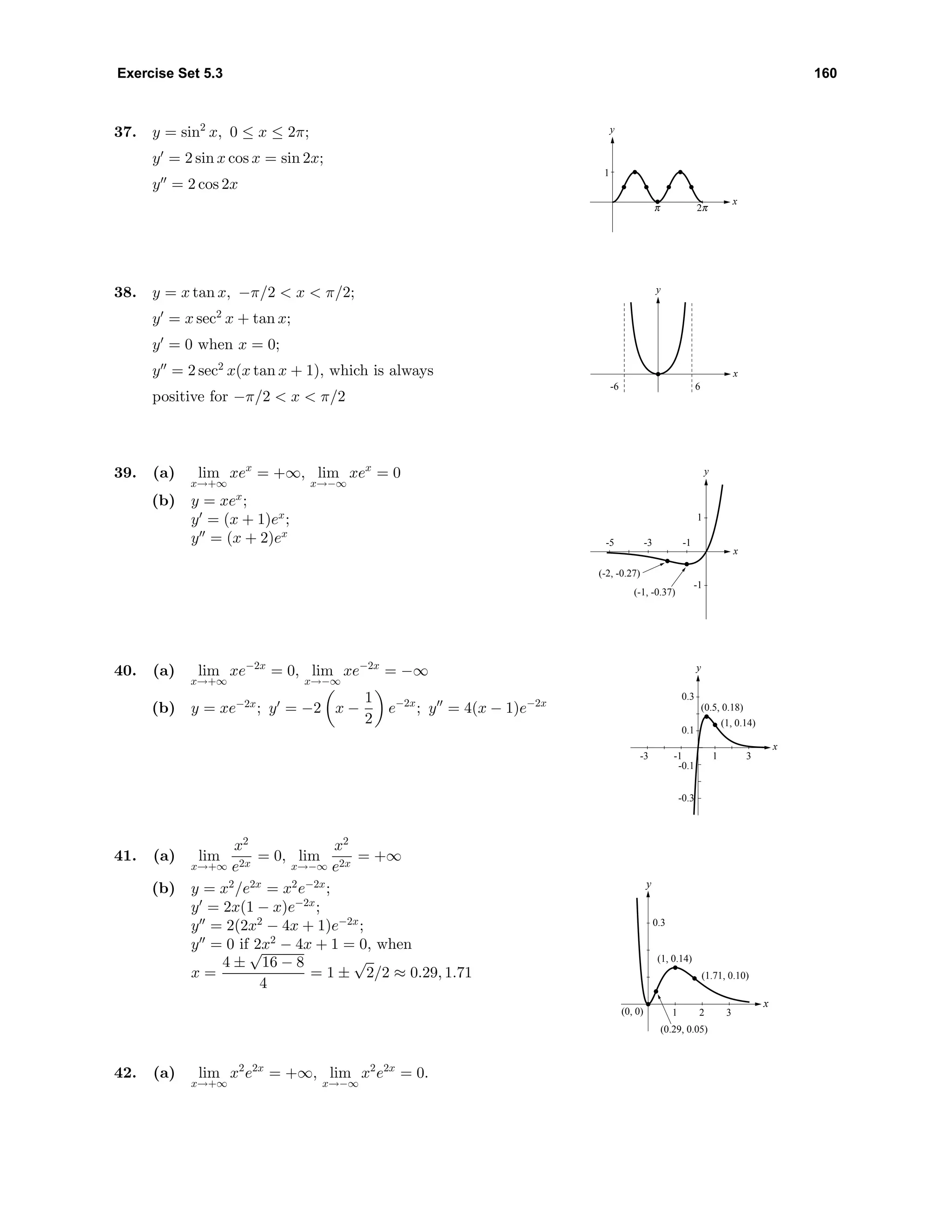 Exercise Set 5.3 160
37. y = sin2
x, 0 ≤ x ≤ 2π;
y = 2 sin x cos x = sin 2x;
y = 2 cos 2x
c o
x
y
1
38. y = x tan x, −π/2 < x < π/2;
y = x sec2
x + tan x;
y = 0 when x = 0;
y = 2 sec2
x(x tan x + 1), which is always
positive for −π/2 < x < π/2
-6 6
x
y
39. (a) lim
x→+∞
xex
= +∞, lim
x→−∞
xex
= 0
(b) y = xex
;
y = (x + 1)ex
;
y = (x + 2)ex
-1
-1-3-5
1
x
y
(-2, -0.27)
(-1, -0.37)
40. (a) lim
x→+∞
xe−2x
= 0, lim
x→−∞
xe−2x
= −∞
(b) y = xe−2x
; y = −2 x −
1
2
e−2x
; y = 4(x − 1)e−2x
-3 -1 1 3
-0.3
-0.1
0.1
0.3
x
y
(0.5, 0.18)
(1, 0.14)
41. (a) lim
x→+∞
x2
e2x
= 0, lim
x→−∞
x2
e2x
= +∞
(b) y = x2
/e2x
= x2
e−2x
;
y = 2x(1 − x)e−2x
;
y = 2(2x2
− 4x + 1)e−2x
;
y = 0 if 2x2
− 4x + 1 = 0, when
x =
4 ±
√
16 − 8
4
= 1 ±
√
2/2 ≈ 0.29, 1.71
1 2 3
0.3
x
y
(0, 0)
(0.29, 0.05)
(1, 0.14)
(1.71, 0.10)
42. (a) lim
x→+∞
x2
e2x
= +∞, lim
x→−∞
x2
e2x
= 0.
 