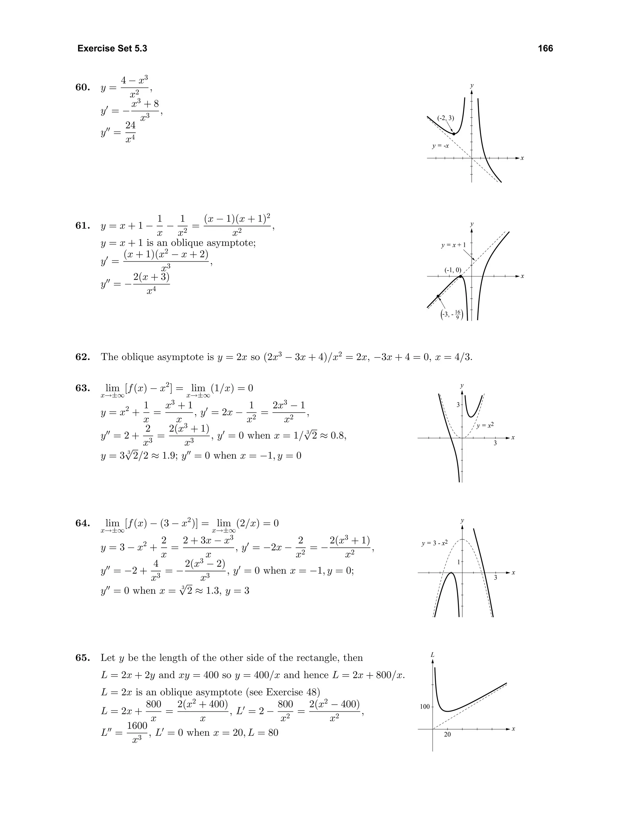 Exercise Set 5.3 166
60. y =
4 − x3
x2
,
y = −
x3
+ 8
x3
,
y =
24
x4
x
y
(-2, 3)
y = -x
61. y = x + 1 −
1
x
−
1
x2
=
(x − 1)(x + 1)2
x2
,
y = x + 1 is an oblique asymptote;
y =
(x + 1)(x2
− x + 2)
x3
,
y = −
2(x + 3)
x4
x
y
y = x + 1
(-1, 0)
16
9
-3, - )(
62. The oblique asymptote is y = 2x so (2x3
− 3x + 4)/x2
= 2x, −3x + 4 = 0, x = 4/3.
63. lim
x→±∞
[f(x) − x2
] = lim
x→±∞
(1/x) = 0
y = x2
+
1
x
=
x3
+ 1
x
, y = 2x −
1
x2
=
2x3
− 1
x2
,
y = 2 +
2
x3
=
2(x3
+ 1)
x3
, y = 0 when x = 1/ 3
√
2 ≈ 0.8,
y = 3 3
√
2/2 ≈ 1.9; y = 0 when x = −1, y = 0
x
y
y = x2
3
3
64. lim
x→±∞
[f(x) − (3 − x2
)] = lim
x→±∞
(2/x) = 0
y = 3 − x2
+
2
x
=
2 + 3x − x3
x
, y = −2x −
2
x2
= −
2(x3
+ 1)
x2
,
y = −2 +
4
x3
= −
2(x3
− 2)
x3
, y = 0 when x = −1, y = 0;
y = 0 when x = 3
√
2 ≈ 1.3, y = 3
x
y
y = 3 - x2
3
1
65. Let y be the length of the other side of the rectangle, then
L = 2x + 2y and xy = 400 so y = 400/x and hence L = 2x + 800/x.
L = 2x is an oblique asymptote (see Exercise 48)
L = 2x +
800
x
=
2(x2
+ 400)
x
, L = 2 −
800
x2
=
2(x2
− 400)
x2
,
L =
1600
x3
, L = 0 when x = 20, L = 80 20
100
x
L
 