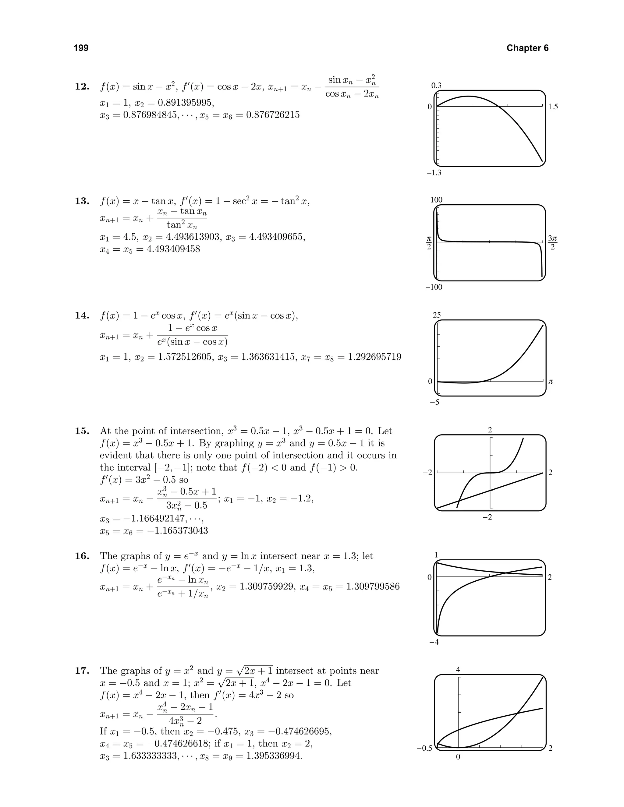 199 Chapter 6
12. f(x) = sin x − x2
, f (x) = cos x − 2x, xn+1 = xn −
sin xn − x2
n
cos xn − 2xn
x1 = 1, x2 = 0.891395995,
x3 = 0.876984845, · · · , x5 = x6 = 0.876726215
0.3
–1.3
0 1.5
13. f(x) = x − tan x, f (x) = 1 − sec2
x = − tan2
x,
xn+1 = xn +
xn − tan xn
tan2 xn
x1 = 4.5, x2 = 4.493613903, x3 = 4.493409655,
x4 = x5 = 4.493409458
100
–100
6 i
14. f(x) = 1 − ex
cos x, f (x) = ex
(sin x − cos x),
xn+1 = xn +
1 − ex
cos x
ex(sin x − cos x)
x1 = 1, x2 = 1.572512605, x3 = 1.363631415, x7 = x8 = 1.292695719
25
-5
0 c
15. At the point of intersection, x3
= 0.5x − 1, x3
− 0.5x + 1 = 0. Let
f(x) = x3
− 0.5x + 1. By graphing y = x3
and y = 0.5x − 1 it is
evident that there is only one point of intersection and it occurs in
the interval [−2, −1]; note that f(−2) < 0 and f(−1) > 0.
f (x) = 3x2
− 0.5 so
xn+1 = xn −
x3
n − 0.5x + 1
3x2
n − 0.5
; x1 = −1, x2 = −1.2,
x3 = −1.166492147, · · ·,
x5 = x6 = −1.165373043
2
-2
-2 2
16. The graphs of y = e−x
and y = ln x intersect near x = 1.3; let
f(x) = e−x
− ln x, f (x) = −e−x
− 1/x, x1 = 1.3,
xn+1 = xn +
e−xn
− ln xn
e−xn + 1/xn
, x2 = 1.309759929, x4 = x5 = 1.309799586
1
-4
0 2
17. The graphs of y = x2
and y =
√
2x + 1 intersect at points near
x = −0.5 and x = 1; x2
=
√
2x + 1, x4
− 2x − 1 = 0. Let
f(x) = x4
− 2x − 1, then f (x) = 4x3
− 2 so
xn+1 = xn −
x4
n − 2xn − 1
4x3
n − 2
.
If x1 = −0.5, then x2 = −0.475, x3 = −0.474626695,
x4 = x5 = −0.474626618; if x1 = 1, then x2 = 2,
x3 = 1.633333333, · · · , x8 = x9 = 1.395336994.
4
0
-0.5 2
 