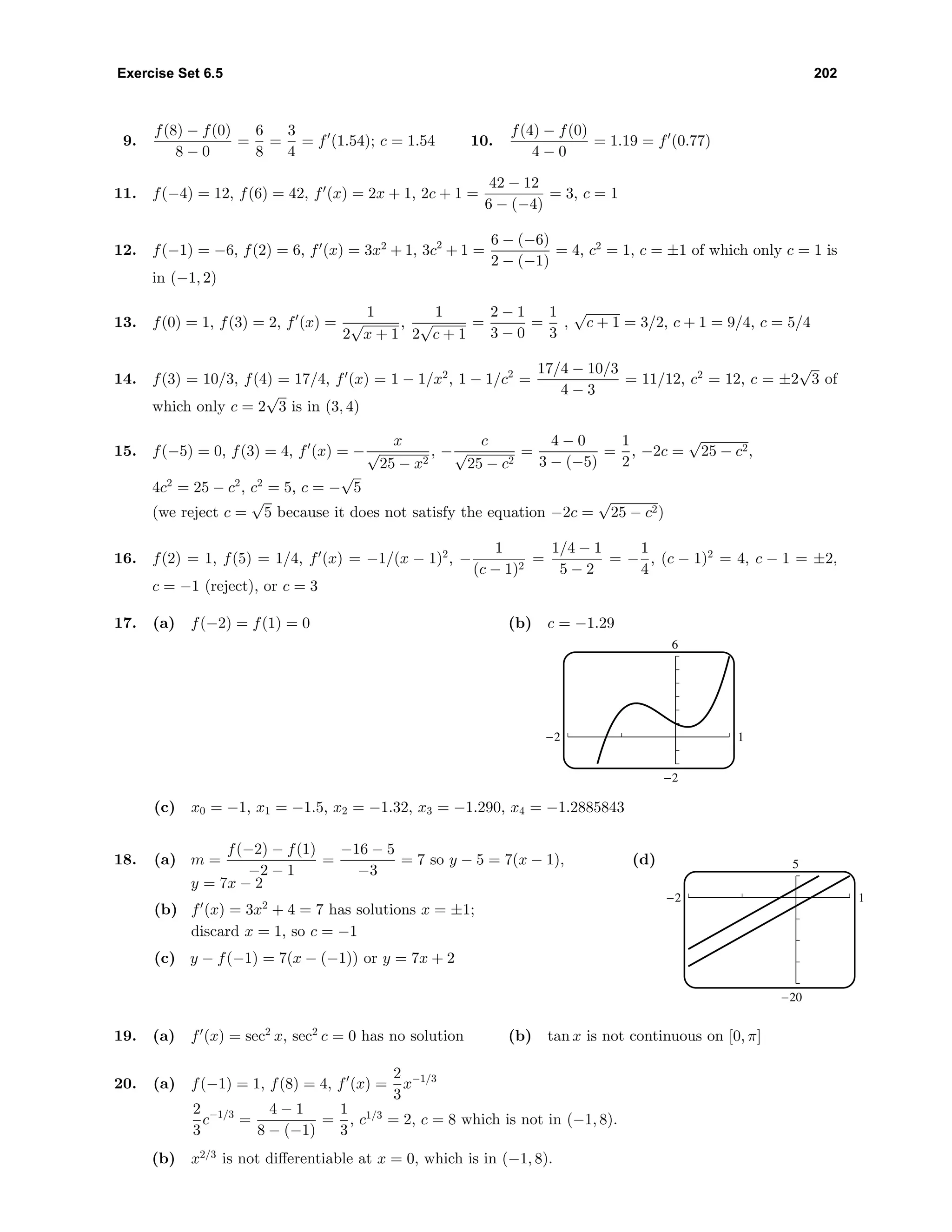 Exercise Set 6.5 202
9.
f(8) − f(0)
8 − 0
=
6
8
=
3
4
= f (1.54); c = 1.54 10.
f(4) − f(0)
4 − 0
= 1.19 = f (0.77)
11. f(−4) = 12, f(6) = 42, f (x) = 2x + 1, 2c + 1 =
42 − 12
6 − (−4)
= 3, c = 1
12. f(−1) = −6, f(2) = 6, f (x) = 3x2
+ 1, 3c2
+ 1 =
6 − (−6)
2 − (−1)
= 4, c2
= 1, c = ±1 of which only c = 1 is
in (−1, 2)
13. f(0) = 1, f(3) = 2, f (x) =
1
2
√
x + 1
,
1
2
√
c + 1
=
2 − 1
3 − 0
=
1
3
,
√
c + 1 = 3/2, c + 1 = 9/4, c = 5/4
14. f(3) = 10/3, f(4) = 17/4, f (x) = 1 − 1/x2
, 1 − 1/c2
=
17/4 − 10/3
4 − 3
= 11/12, c2
= 12, c = ±2
√
3 of
which only c = 2
√
3 is in (3, 4)
15. f(−5) = 0, f(3) = 4, f (x) = −
x
√
25 − x2
, −
c
√
25 − c2
=
4 − 0
3 − (−5)
=
1
2
, −2c =
√
25 − c2,
4c2
= 25 − c2
, c2
= 5, c = −
√
5
(we reject c =
√
5 because it does not satisfy the equation −2c =
√
25 − c2)
16. f(2) = 1, f(5) = 1/4, f (x) = −1/(x − 1)2
, −
1
(c − 1)2
=
1/4 − 1
5 − 2
= −
1
4
, (c − 1)2
= 4, c − 1 = ±2,
c = −1 (reject), or c = 3
17. (a) f(−2) = f(1) = 0 (b) c = −1.29
6
-2
-2 1
(c) x0 = −1, x1 = −1.5, x2 = −1.32, x3 = −1.290, x4 = −1.2885843
18. (a) m =
f(−2) − f(1)
−2 − 1
=
−16 − 5
−3
= 7 so y − 5 = 7(x − 1),
y = 7x − 2
(b) f (x) = 3x2
+ 4 = 7 has solutions x = ±1;
discard x = 1, so c = −1
(c) y − f(−1) = 7(x − (−1)) or y = 7x + 2
(d) 5
-20
-2 1
19. (a) f (x) = sec2
x, sec2
c = 0 has no solution (b) tan x is not continuous on [0, π]
20. (a) f(−1) = 1, f(8) = 4, f (x) =
2
3
x−1/3
2
3
c−1/3
=
4 − 1
8 − (−1)
=
1
3
, c1/3
= 2, c = 8 which is not in (−1, 8).
(b) x2/3
is not diﬀerentiable at x = 0, which is in (−1, 8).
 