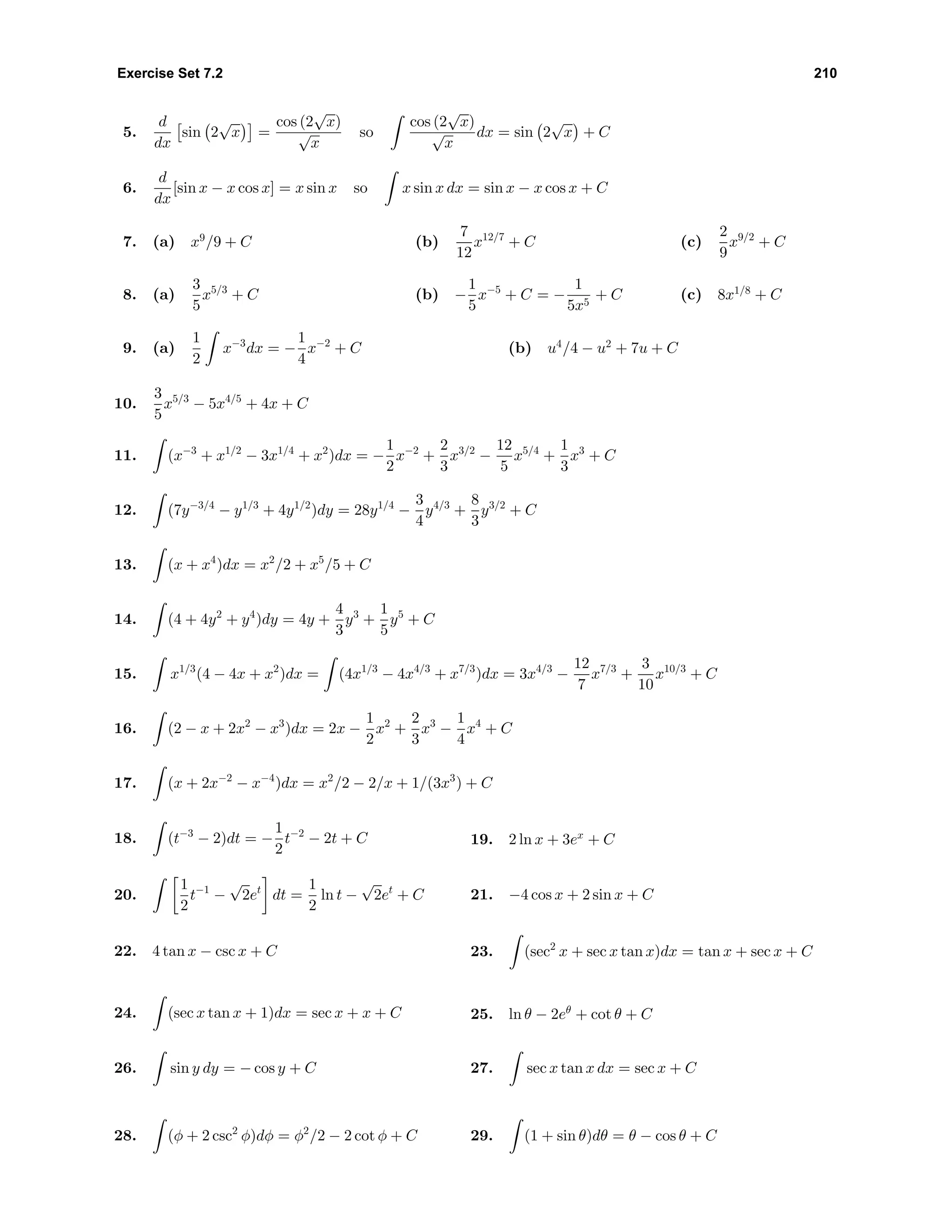 Exercise Set 7.2 210
5.
d
dx
sin 2
√
x =
cos (2
√
x)
√
x
so
cos (2
√
x)
√
x
dx = sin 2
√
x + C
6.
d
dx
[sin x − x cos x] = x sin x so x sin x dx = sin x − x cos x + C
7. (a) x9
/9 + C (b)
7
12
x12/7
+ C (c)
2
9
x9/2
+ C
8. (a)
3
5
x5/3
+ C (b) −
1
5
x−5
+ C = −
1
5x5
+ C (c) 8x1/8
+ C
9. (a)
1
2
x−3
dx = −
1
4
x−2
+ C (b) u4
/4 − u2
+ 7u + C
10.
3
5
x5/3
− 5x4/5
+ 4x + C
11. (x−3
+ x1/2
− 3x1/4
+ x2
)dx = −
1
2
x−2
+
2
3
x3/2
−
12
5
x5/4
+
1
3
x3
+ C
12. (7y−3/4
− y1/3
+ 4y1/2
)dy = 28y1/4
−
3
4
y4/3
+
8
3
y3/2
+ C
13. (x + x4
)dx = x2
/2 + x5
/5 + C
14. (4 + 4y2
+ y4
)dy = 4y +
4
3
y3
+
1
5
y5
+ C
15. x1/3
(4 − 4x + x2
)dx = (4x1/3
− 4x4/3
+ x7/3
)dx = 3x4/3
−
12
7
x7/3
+
3
10
x10/3
+ C
16. (2 − x + 2x2
− x3
)dx = 2x −
1
2
x2
+
2
3
x3
−
1
4
x4
+ C
17. (x + 2x−2
− x−4
)dx = x2
/2 − 2/x + 1/(3x3
) + C
18. (t−3
− 2)dt = −
1
2
t−2
− 2t + C 19. 2 ln x + 3ex
+ C
20.
1
2
t−1
−
√
2et
dt =
1
2
ln t −
√
2et
+ C 21. −4 cos x + 2 sin x + C
22. 4 tan x − csc x + C 23. (sec2
x + sec x tan x)dx = tan x + sec x + C
24. (sec x tan x + 1)dx = sec x + x + C 25. ln θ − 2eθ
+ cot θ + C
26. sin y dy = − cos y + C 27. sec x tan x dx = sec x + C
28. (φ + 2 csc2
φ)dφ = φ2
/2 − 2 cot φ + C 29. (1 + sin θ)dθ = θ − cos θ + C
 