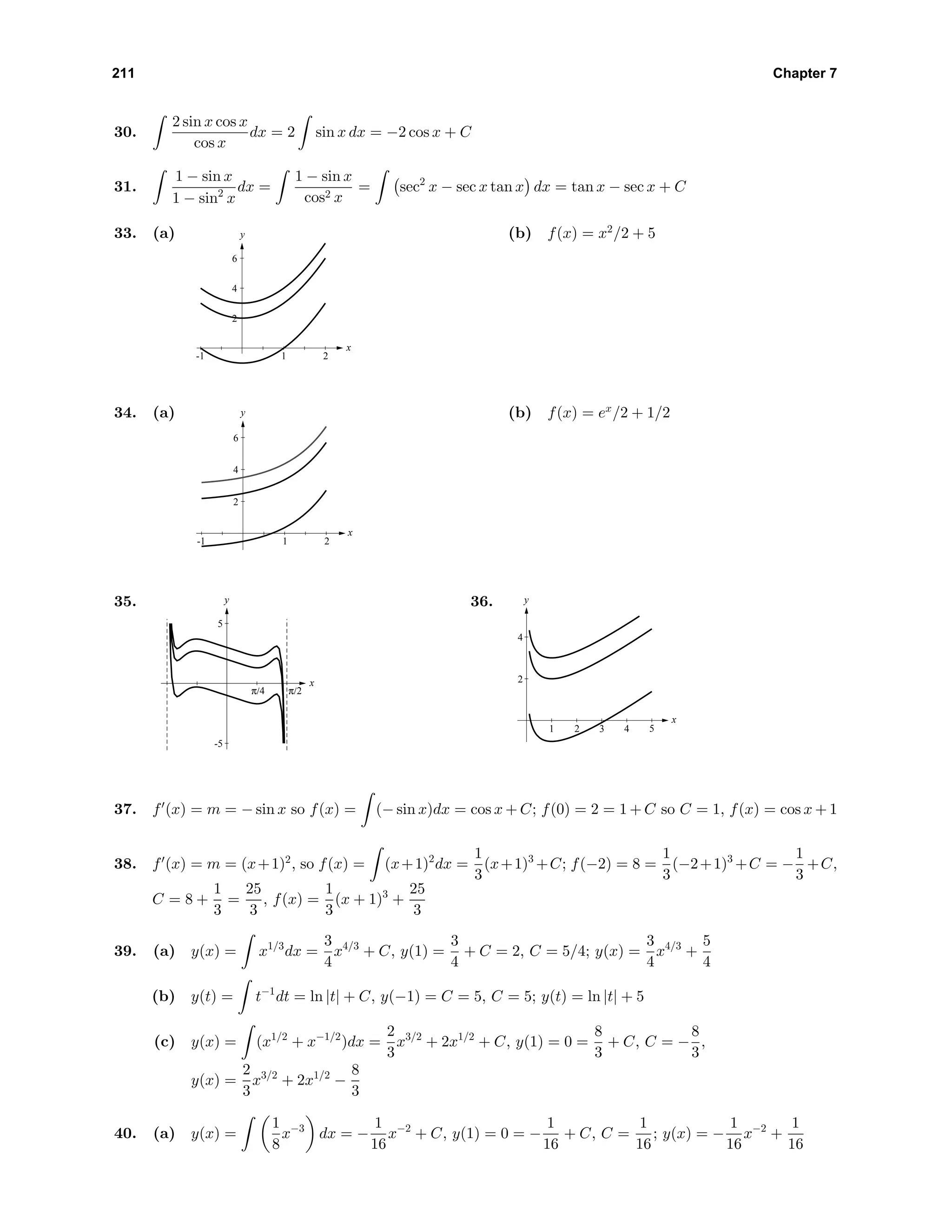 211 Chapter 7
30.
2 sin x cos x
cos x
dx = 2 sin x dx = −2 cos x + C
31.
1 − sin x
1 − sin2
x
dx =
1 − sin x
cos2 x
= sec2
x − sec x tan x dx = tan x − sec x + C
33. (a) y
x
2
4
6
-1 1 2
(b) f(x) = x2
/2 + 5
34. (a) y
x
2
4
6
-1 1 2
(b) f(x) = ex
/2 + 1/2
35. y
x
-5
5
π/4 π/2
36. y
x
2
4
1 2 3 4 5
37. f (x) = m = − sin x so f(x) = (− sin x)dx = cos x + C; f(0) = 2 = 1 + C so C = 1, f(x) = cos x + 1
38. f (x) = m = (x+1)2
, so f(x) = (x+1)2
dx =
1
3
(x+1)3
+C; f(−2) = 8 =
1
3
(−2+1)3
+C = −
1
3
+C,
C = 8 +
1
3
=
25
3
, f(x) =
1
3
(x + 1)3
+
25
3
39. (a) y(x) = x1/3
dx =
3
4
x4/3
+ C, y(1) =
3
4
+ C = 2, C = 5/4; y(x) =
3
4
x4/3
+
5
4
(b) y(t) = t−1
dt = ln |t| + C, y(−1) = C = 5, C = 5; y(t) = ln |t| + 5
(c) y(x) = (x1/2
+ x−1/2
)dx =
2
3
x3/2
+ 2x1/2
+ C, y(1) = 0 =
8
3
+ C, C = −
8
3
,
y(x) =
2
3
x3/2
+ 2x1/2
−
8
3
40. (a) y(x) =
1
8
x−3
dx = −
1
16
x−2
+ C, y(1) = 0 = −
1
16
+ C, C =
1
16
; y(x) = −
1
16
x−2
+
1
16
 
