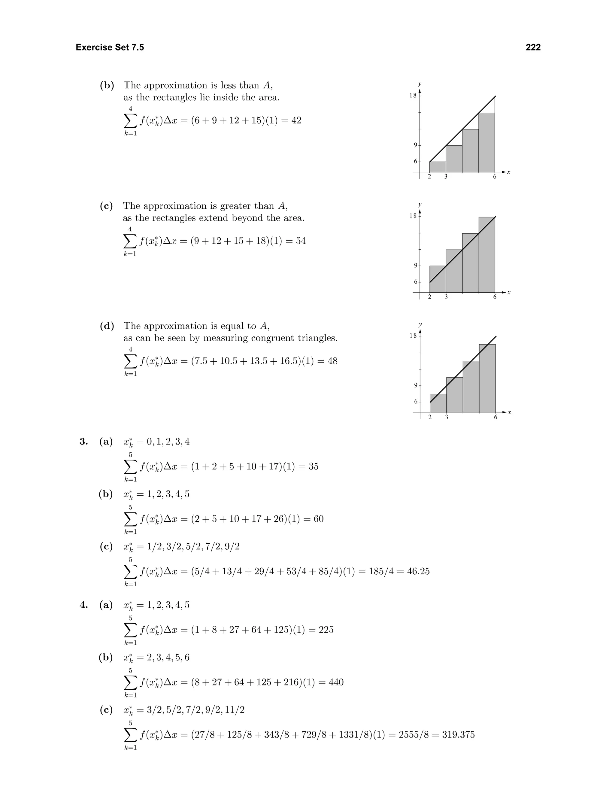 Exercise Set 7.5 222
(b) The approximation is less than A,
as the rectangles lie inside the area.
4
k=1
f(x∗
k)∆x = (6 + 9 + 12 + 15)(1) = 42
y
x
2
6
3
9
18
6
(c) The approximation is greater than A,
as the rectangles extend beyond the area.
4
k=1
f(x∗
k)∆x = (9 + 12 + 15 + 18)(1) = 54
y
x
2
6
3
9
18
6
(d) The approximation is equal to A,
as can be seen by measuring congruent triangles.
4
k=1
f(x∗
k)∆x = (7.5 + 10.5 + 13.5 + 16.5)(1) = 48
y
x
2
6
3
9
18
6
3. (a) x∗
k = 0, 1, 2, 3, 4
5
k=1
f(x∗
k)∆x = (1 + 2 + 5 + 10 + 17)(1) = 35
(b) x∗
k = 1, 2, 3, 4, 5
5
k=1
f(x∗
k)∆x = (2 + 5 + 10 + 17 + 26)(1) = 60
(c) x∗
k = 1/2, 3/2, 5/2, 7/2, 9/2
5
k=1
f(x∗
k)∆x = (5/4 + 13/4 + 29/4 + 53/4 + 85/4)(1) = 185/4 = 46.25
4. (a) x∗
k = 1, 2, 3, 4, 5
5
k=1
f(x∗
k)∆x = (1 + 8 + 27 + 64 + 125)(1) = 225
(b) x∗
k = 2, 3, 4, 5, 6
5
k=1
f(x∗
k)∆x = (8 + 27 + 64 + 125 + 216)(1) = 440
(c) x∗
k = 3/2, 5/2, 7/2, 9/2, 11/2
5
k=1
f(x∗
k)∆x = (27/8 + 125/8 + 343/8 + 729/8 + 1331/8)(1) = 2555/8 = 319.375
 