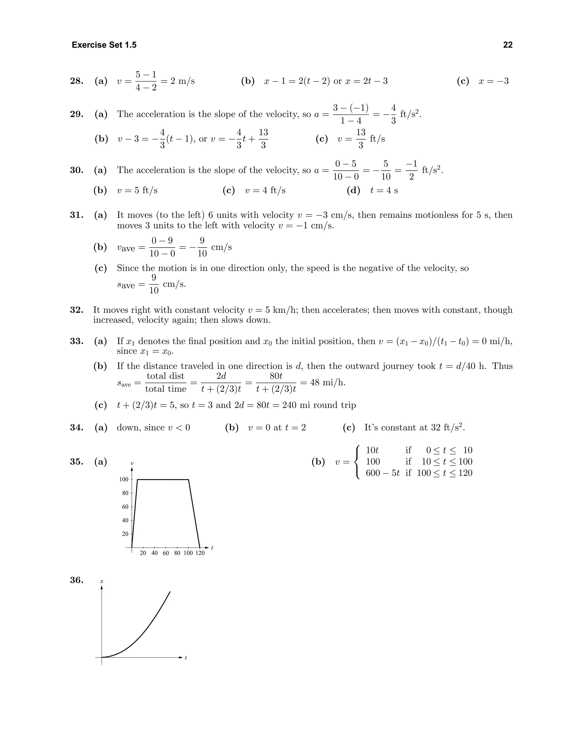 Exercise Set 1.5 22
28. (a) v =
5 − 1
4 − 2
= 2 m/s (b) x − 1 = 2(t − 2) or x = 2t − 3 (c) x = −3
29. (a) The acceleration is the slope of the velocity, so a =
3 − (−1)
1 − 4
= −
4
3
ft/s2
.
(b) v − 3 = −
4
3
(t − 1), or v = −
4
3
t +
13
3
(c) v =
13
3
ft/s
30. (a) The acceleration is the slope of the velocity, so a =
0 − 5
10 − 0
= −
5
10
=
−1
2
ft/s2
.
(b) v = 5 ft/s (c) v = 4 ft/s (d) t = 4 s
31. (a) It moves (to the left) 6 units with velocity v = −3 cm/s, then remains motionless for 5 s, then
moves 3 units to the left with velocity v = −1 cm/s.
(b) vave =
0 − 9
10 − 0
= −
9
10
cm/s
(c) Since the motion is in one direction only, the speed is the negative of the velocity, so
save =
9
10
cm/s.
32. It moves right with constant velocity v = 5 km/h; then accelerates; then moves with constant, though
increased, velocity again; then slows down.
33. (a) If x1 denotes the ﬁnal position and x0 the initial position, then v = (x1 − x0)/(t1 − t0) = 0 mi/h,
since x1 = x0.
(b) If the distance traveled in one direction is d, then the outward journey took t = d/40 h. Thus
save =
total dist
total time
=
2d
t + (2/3)t
=
80t
t + (2/3)t
= 48 mi/h.
(c) t + (2/3)t = 5, so t = 3 and 2d = 80t = 240 mi round trip
34. (a) down, since v < 0 (b) v = 0 at t = 2 (c) It’s constant at 32 ft/s2
.
35. (a) v
t
20
40
60
80
100
20 40 60 80 100 120
(b) v =



10t if 0 ≤ t ≤ 10
100 if 10 ≤ t ≤ 100
600 − 5t if 100 ≤ t ≤ 120
36. x
t
 