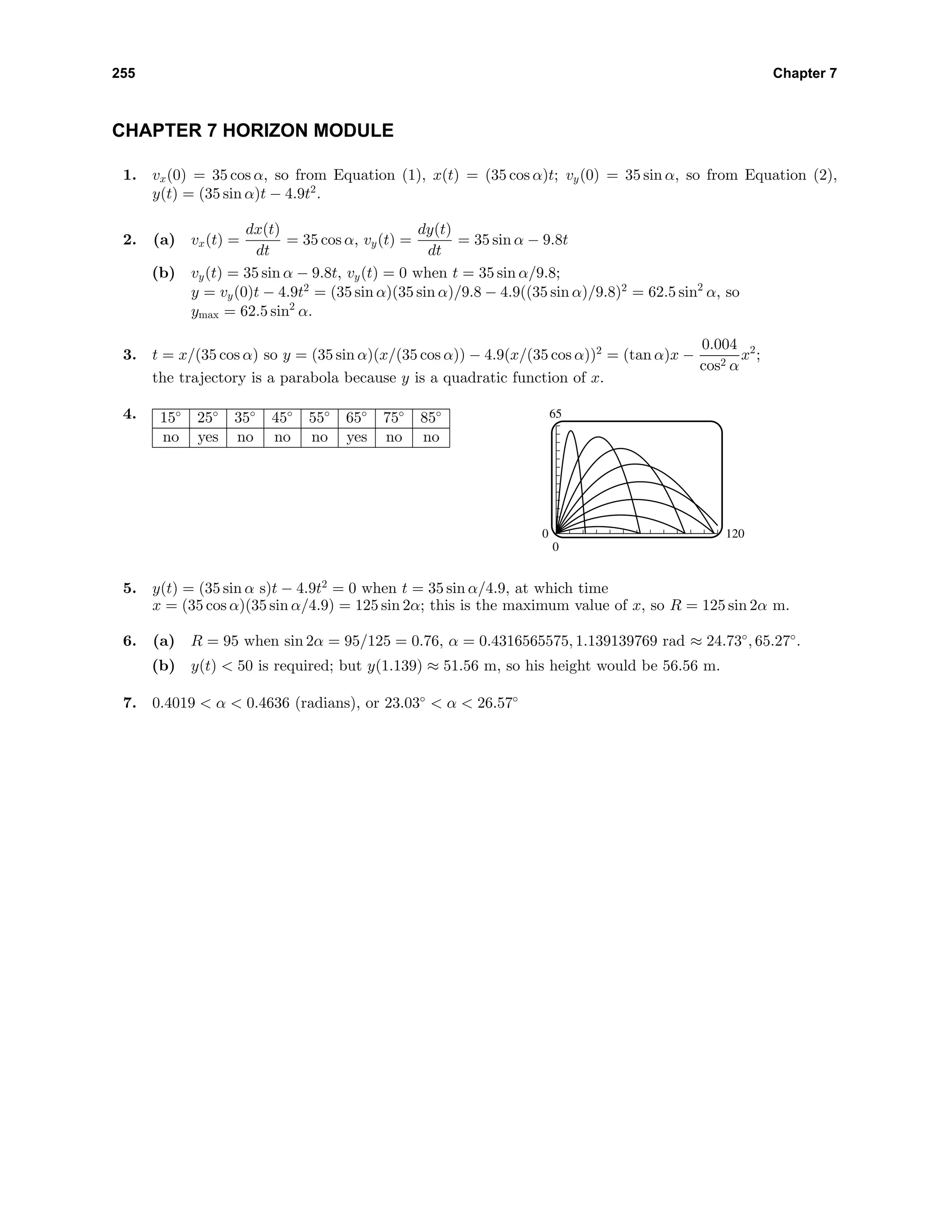 255 Chapter 7
CHAPTER 7 HORIZON MODULE
1. vx(0) = 35 cos α, so from Equation (1), x(t) = (35 cos α)t; vy(0) = 35 sin α, so from Equation (2),
y(t) = (35 sin α)t − 4.9t2
.
2. (a) vx(t) =
dx(t)
dt
= 35 cos α, vy(t) =
dy(t)
dt
= 35 sin α − 9.8t
(b) vy(t) = 35 sin α − 9.8t, vy(t) = 0 when t = 35 sin α/9.8;
y = vy(0)t − 4.9t2
= (35 sin α)(35 sin α)/9.8 − 4.9((35 sin α)/9.8)2
= 62.5 sin2
α, so
ymax = 62.5 sin2
α.
3. t = x/(35 cos α) so y = (35 sin α)(x/(35 cos α)) − 4.9(x/(35 cos α))2
= (tan α)x −
0.004
cos2 α
x2
;
the trajectory is a parabola because y is a quadratic function of x.
4. 15◦
25◦
35◦
45◦
55◦
65◦
75◦
85◦
no yes no no no yes no no
65
0
0 120
5. y(t) = (35 sin α s)t − 4.9t2
= 0 when t = 35 sin α/4.9, at which time
x = (35 cos α)(35 sin α/4.9) = 125 sin 2α; this is the maximum value of x, so R = 125 sin 2α m.
6. (a) R = 95 when sin 2α = 95/125 = 0.76, α = 0.4316565575, 1.139139769 rad ≈ 24.73◦
, 65.27◦
.
(b) y(t) < 50 is required; but y(1.139) ≈ 51.56 m, so his height would be 56.56 m.
7. 0.4019 < α < 0.4636 (radians), or 23.03◦
< α < 26.57◦
 