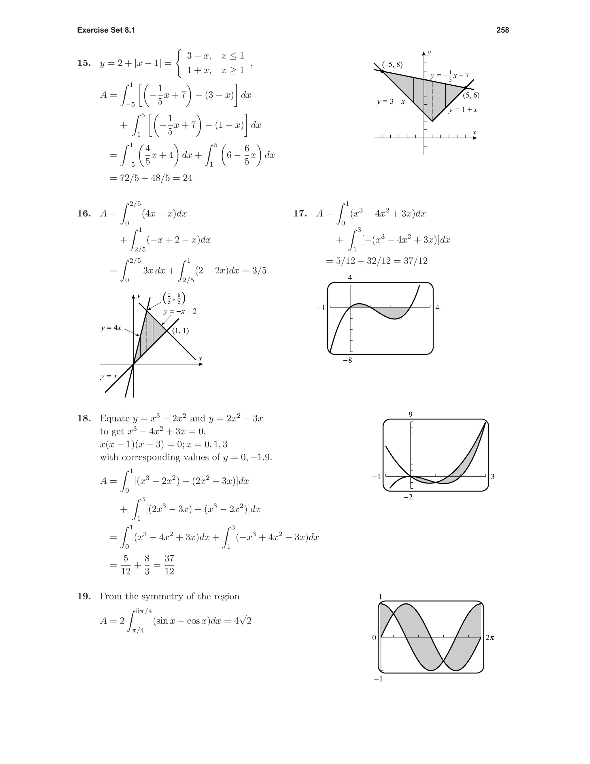 Exercise Set 8.1 258
(–5, 8)
(5, 6)
y = 3 – x
y = 1 + x
y = – x + 71
5
x
y
15. y = 2 + |x − 1| =
3 − x, x ≤ 1
1 + x, x ≥ 1
,
A =
1
−5
−
1
5
x + 7 − (3 − x) dx
+
5
1
−
1
5
x + 7 − (1 + x) dx
=
1
−5
4
5
x + 4 dx +
5
1
6 −
6
5
x dx
= 72/5 + 48/5 = 24
16. A =
2/5
0
(4x − x)dx
+
1
2/5
(−x + 2 − x)dx
=
2/5
0
3x dx +
1
2/5
(2 − 2x)dx = 3/5
(1, 1)
2
5
8
5( , )
x
y
y = 4x
y = x
y = −x + 2
17. A =
1
0
(x3
− 4x2
+ 3x)dx
+
3
1
[−(x3
− 4x2
+ 3x)]dx
= 5/12 + 32/12 = 37/12
4
-8
-1 4
9
-2
-1 3
18. Equate y = x3
− 2x2
and y = 2x2
− 3x
to get x3
− 4x2
+ 3x = 0,
x(x − 1)(x − 3) = 0; x = 0, 1, 3
with corresponding values of y = 0, −1.9.
A =
1
0
[(x3
− 2x2
) − (2x2
− 3x)]dx
+
3
1
[(2x3
− 3x) − (x3
− 2x2
)]dx
=
1
0
(x3
− 4x2
+ 3x)dx +
3
1
(−x3
+ 4x2
− 3x)dx
=
5
12
+
8
3
=
37
12
1
-1
0 o
19. From the symmetry of the region
A = 2
5π/4
π/4
(sin x − cos x)dx = 4
√
2
 