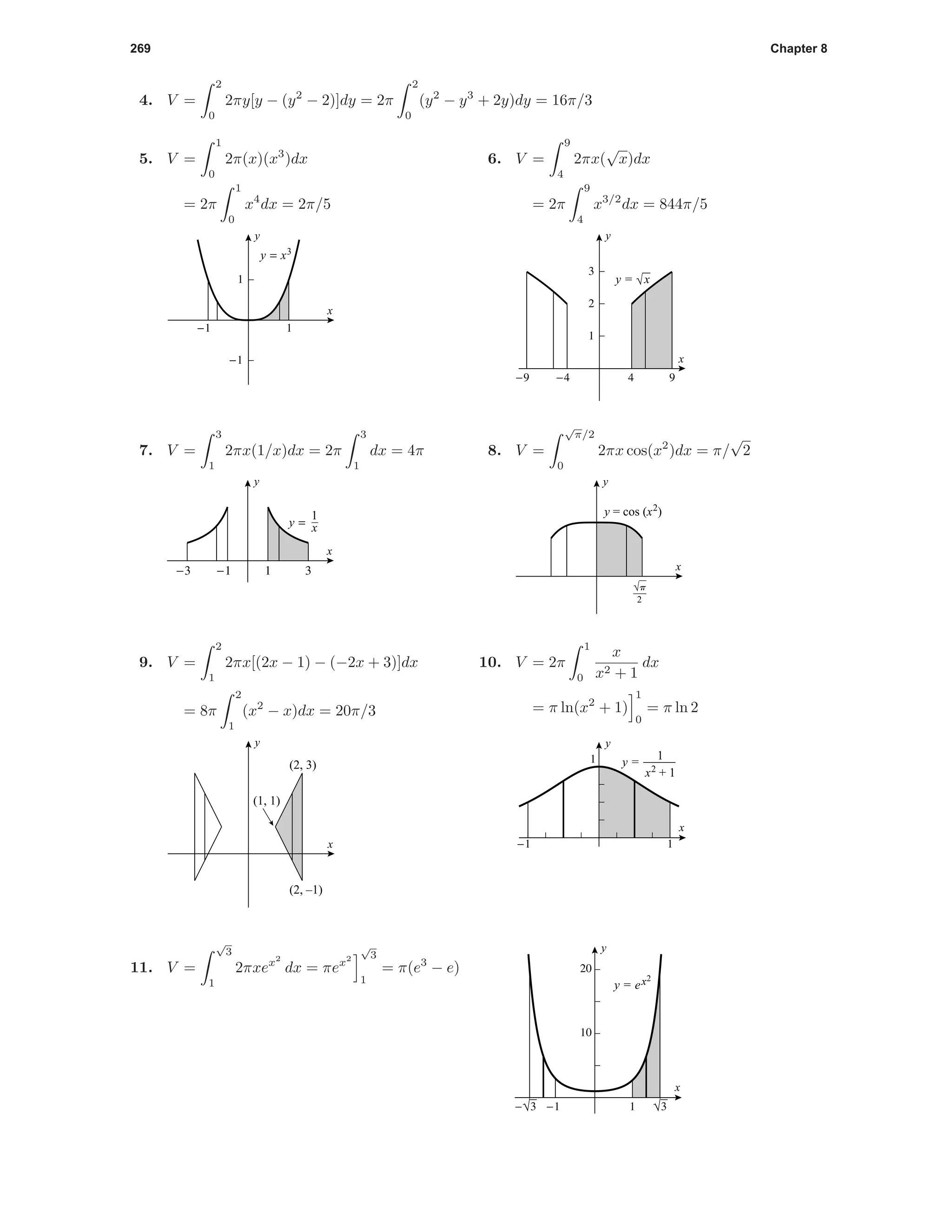 269 Chapter 8
4. V =
2
0
2πy[y − (y2
− 2)]dy = 2π
2
0
(y2
− y3
+ 2y)dy = 16π/3
5. V =
1
0
2π(x)(x3
)dx
= 2π
1
0
x4
dx = 2π/5
-1 1
-1
1
x
y
y = x3
6. V =
9
4
2πx(
√
x)dx
= 2π
9
4
x3/2
dx = 844π/5
-9 -4 4 9
1
2
3
x
y
y = √x
7. V =
3
1
2πx(1/x)dx = 2π
3
1
dx = 4π
-3 -1 1 3
y = x
1
x
y
8. V =
√
π/2
0
2πx cos(x2
)dx = π/
√
2
√p
2
x
y
y = cos (x2
)
9. V =
2
1
2πx[(2x − 1) − (−2x + 3)]dx
= 8π
2
1
(x2
− x)dx = 20π/3
(2, 3)
(2, –1)
(1, 1)
x
y
10. V = 2π
1
0
x
x2 + 1
dx
= π ln(x2
+ 1)
1
0
= π ln 2
-1 1
1
x
y
y =
1
x2
+ 1
-√3 -1 1 √3
10
20
x
y
y = ex2
11. V =
√
3
1
2πxex2
dx = πex2
√
3
1
= π(e3
− e)
 