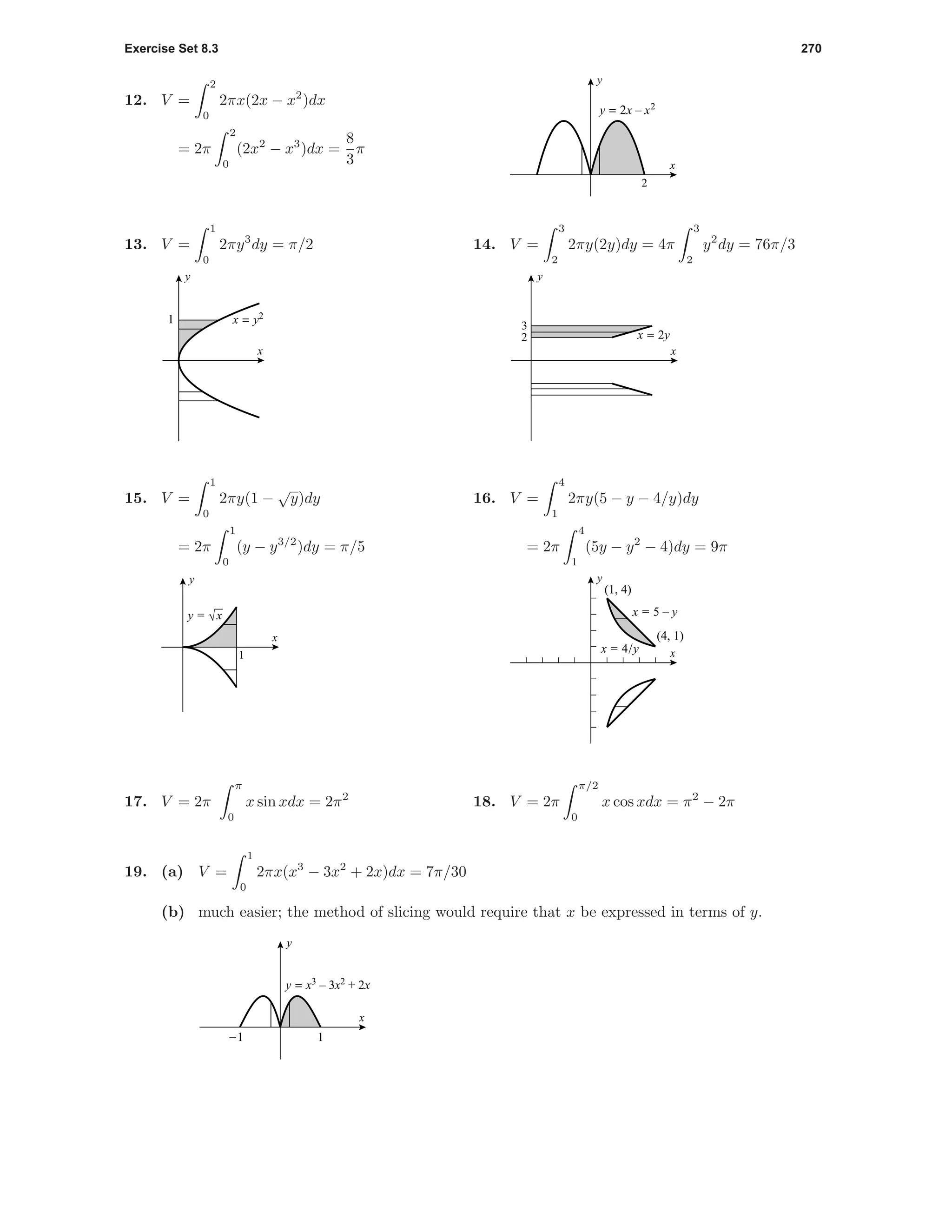 Exercise Set 8.3 270
12. V =
2
0
2πx(2x − x2
)dx
= 2π
2
0
(2x2
− x3
)dx =
8
3
π
2
x
y
y = 2x – x2
13. V =
1
0
2πy3
dy = π/2
1
x
y
x = y2
14. V =
3
2
2πy(2y)dy = 4π
3
2
y2
dy = 76π/3
2
3
x
y
x = 2y
15. V =
1
0
2πy(1 −
√
y)dy
= 2π
1
0
(y − y3/2
)dy = π/5
1
x
y
y = √x
16. V =
4
1
2πy(5 − y − 4/y)dy
= 2π
4
1
(5y − y2
− 4)dy = 9π
(1, 4)
(4, 1)
x
y
x = 5 – y
x = 4/y
17. V = 2π
π
0
x sin xdx = 2π2
18. V = 2π
π/2
0
x cos xdx = π2
− 2π
19. (a) V =
1
0
2πx(x3
− 3x2
+ 2x)dx = 7π/30
(b) much easier; the method of slicing would require that x be expressed in terms of y.
-1 1
x
y
y = x3
– 3x2
+ 2x
 