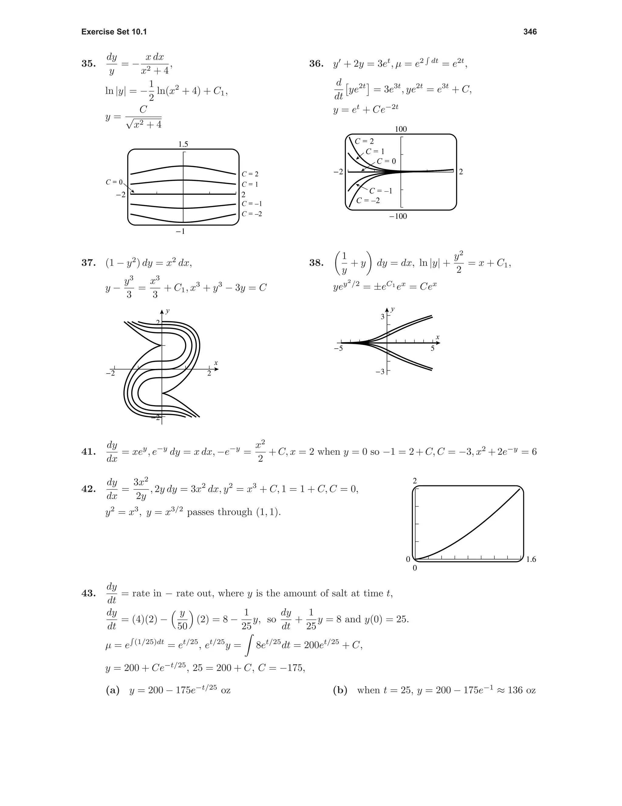 Exercise Set 10.1 346
35.
dy
y
= −
x dx
x2 + 4
,
ln |y| = −
1
2
ln(x2
+ 4) + C1,
y =
C
√
x2 + 4
1.5
-1
-2 2
C = –1
C = 1C = 0
C = 2
C = –2
36. y + 2y = 3et
, µ = e2 dt
= e2t
,
d
dt
ye2t
= 3e3t
, ye2t
= e3t
+ C,
y = et
+ Ce−2t
C = 2
C = 1
C = 0
C = –1
C = –2
100
-100
-2 2
37. (1 − y2
) dy = x2
dx,
y −
y3
3
=
x3
3
+ C1, x3
+ y3
− 3y = C
-2 2
-2
2
x
y
38.
1
y
+ y dy = dx, ln |y| +
y2
2
= x + C1,
yey2
/2
= ±eC1
ex
= Cex
-5 5
-3
3
x
y
41.
dy
dx
= xey
, e−y
dy = x dx, −e−y
=
x2
2
+ C, x = 2 when y = 0 so −1 = 2 + C, C = −3, x2
+ 2e−y
= 6
2
0
0 1.6
42.
dy
dx
=
3x2
2y
, 2y dy = 3x2
dx, y2
= x3
+ C, 1 = 1 + C, C = 0,
y2
= x3
, y = x3/2
passes through (1, 1).
43.
dy
dt
= rate in − rate out, where y is the amount of salt at time t,
dy
dt
= (4)(2) −
y
50
(2) = 8 −
1
25
y, so
dy
dt
+
1
25
y = 8 and y(0) = 25.
µ = e (1/25)dt
= et/25
, et/25
y = 8et/25
dt = 200et/25
+ C,
y = 200 + Ce−t/25
, 25 = 200 + C, C = −175,
(a) y = 200 − 175e−t/25
oz (b) when t = 25, y = 200 − 175e−1
≈ 136 oz
 