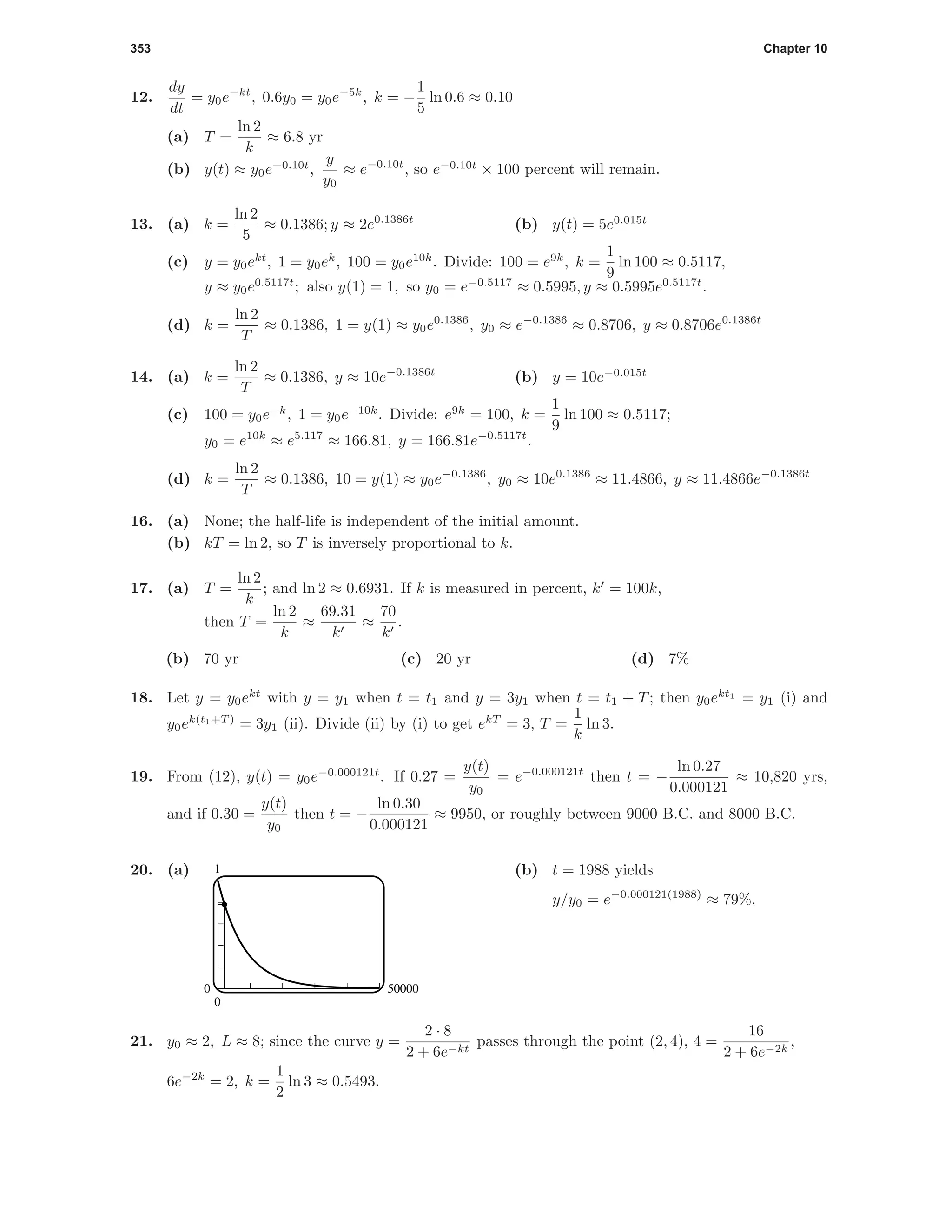 353 Chapter 10
12.
dy
dt
= y0e−kt
, 0.6y0 = y0e−5k
, k = −
1
5
ln 0.6 ≈ 0.10
(a) T =
ln 2
k
≈ 6.8 yr
(b) y(t) ≈ y0e−0.10t
,
y
y0
≈ e−0.10t
, so e−0.10t
× 100 percent will remain.
13. (a) k =
ln 2
5
≈ 0.1386; y ≈ 2e0.1386t
(b) y(t) = 5e0.015t
(c) y = y0ekt
, 1 = y0ek
, 100 = y0e10k
. Divide: 100 = e9k
, k =
1
9
ln 100 ≈ 0.5117,
y ≈ y0e0.5117t
; also y(1) = 1, so y0 = e−0.5117
≈ 0.5995, y ≈ 0.5995e0.5117t
.
(d) k =
ln 2
T
≈ 0.1386, 1 = y(1) ≈ y0e0.1386
, y0 ≈ e−0.1386
≈ 0.8706, y ≈ 0.8706e0.1386t
14. (a) k =
ln 2
T
≈ 0.1386, y ≈ 10e−0.1386t
(b) y = 10e−0.015t
(c) 100 = y0e−k
, 1 = y0e−10k
. Divide: e9k
= 100, k =
1
9
ln 100 ≈ 0.5117;
y0 = e10k
≈ e5.117
≈ 166.81, y = 166.81e−0.5117t
.
(d) k =
ln 2
T
≈ 0.1386, 10 = y(1) ≈ y0e−0.1386
, y0 ≈ 10e0.1386
≈ 11.4866, y ≈ 11.4866e−0.1386t
16. (a) None; the half-life is independent of the initial amount.
(b) kT = ln 2, so T is inversely proportional to k.
17. (a) T =
ln 2
k
; and ln 2 ≈ 0.6931. If k is measured in percent, k = 100k,
then T =
ln 2
k
≈
69.31
k
≈
70
k
.
(b) 70 yr (c) 20 yr (d) 7%
18. Let y = y0ekt
with y = y1 when t = t1 and y = 3y1 when t = t1 + T; then y0ekt1
= y1 (i) and
y0ek(t1+T )
= 3y1 (ii). Divide (ii) by (i) to get ekT
= 3, T =
1
k
ln 3.
19. From (12), y(t) = y0e−0.000121t
. If 0.27 =
y(t)
y0
= e−0.000121t
then t = −
ln 0.27
0.000121
≈ 10,820 yrs,
and if 0.30 =
y(t)
y0
then t = −
ln 0.30
0.000121
≈ 9950, or roughly between 9000 B.C. and 8000 B.C.
20. (a) 1
0
0 50000
(b) t = 1988 yields
y/y0 = e−0.000121(1988)
≈ 79%.
21. y0 ≈ 2, L ≈ 8; since the curve y =
2 · 8
2 + 6e−kt
passes through the point (2, 4), 4 =
16
2 + 6e−2k
,
6e−2k
= 2, k =
1
2
ln 3 ≈ 0.5493.
 