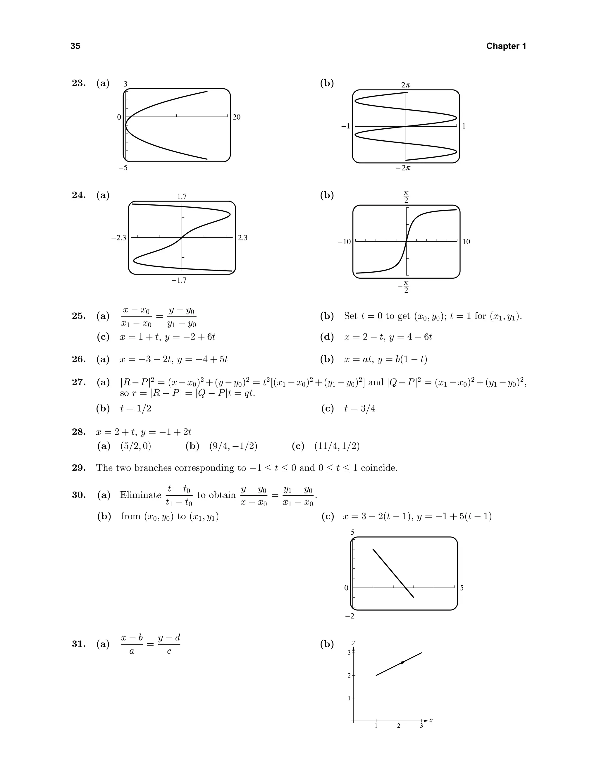 35 Chapter 1
23. (a) 3
-5
0 20
(b) o
O
-1 1
24. (a) 1.7
-1.7
-2.3 2.3
(b)
-10 10
^
6
25. (a)
x − x0
x1 − x0
=
y − y0
y1 − y0
(b) Set t = 0 to get (x0, y0); t = 1 for (x1, y1).
(c) x = 1 + t, y = −2 + 6t (d) x = 2 − t, y = 4 − 6t
26. (a) x = −3 − 2t, y = −4 + 5t (b) x = at, y = b(1 − t)
27. (a) |R−P|2
= (x−x0)2
+(y −y0)2
= t2
[(x1 −x0)2
+(y1 −y0)2
] and |Q−P|2
= (x1 −x0)2
+(y1 −y0)2
,
so r = |R − P| = |Q − P|t = qt.
(b) t = 1/2 (c) t = 3/4
28. x = 2 + t, y = −1 + 2t
(a) (5/2, 0) (b) (9/4, −1/2) (c) (11/4, 1/2)
29. The two branches corresponding to −1 ≤ t ≤ 0 and 0 ≤ t ≤ 1 coincide.
30. (a) Eliminate
t − t0
t1 − t0
to obtain
y − y0
x − x0
=
y1 − y0
x1 − x0
.
(b) from (x0, y0) to (x1, y1) (c) x = 3 − 2(t − 1), y = −1 + 5(t − 1)
5
-2
0 5
31. (a)
x − b
a
=
y − d
c
(b)
1
2
3
y
1 2 3
x
 