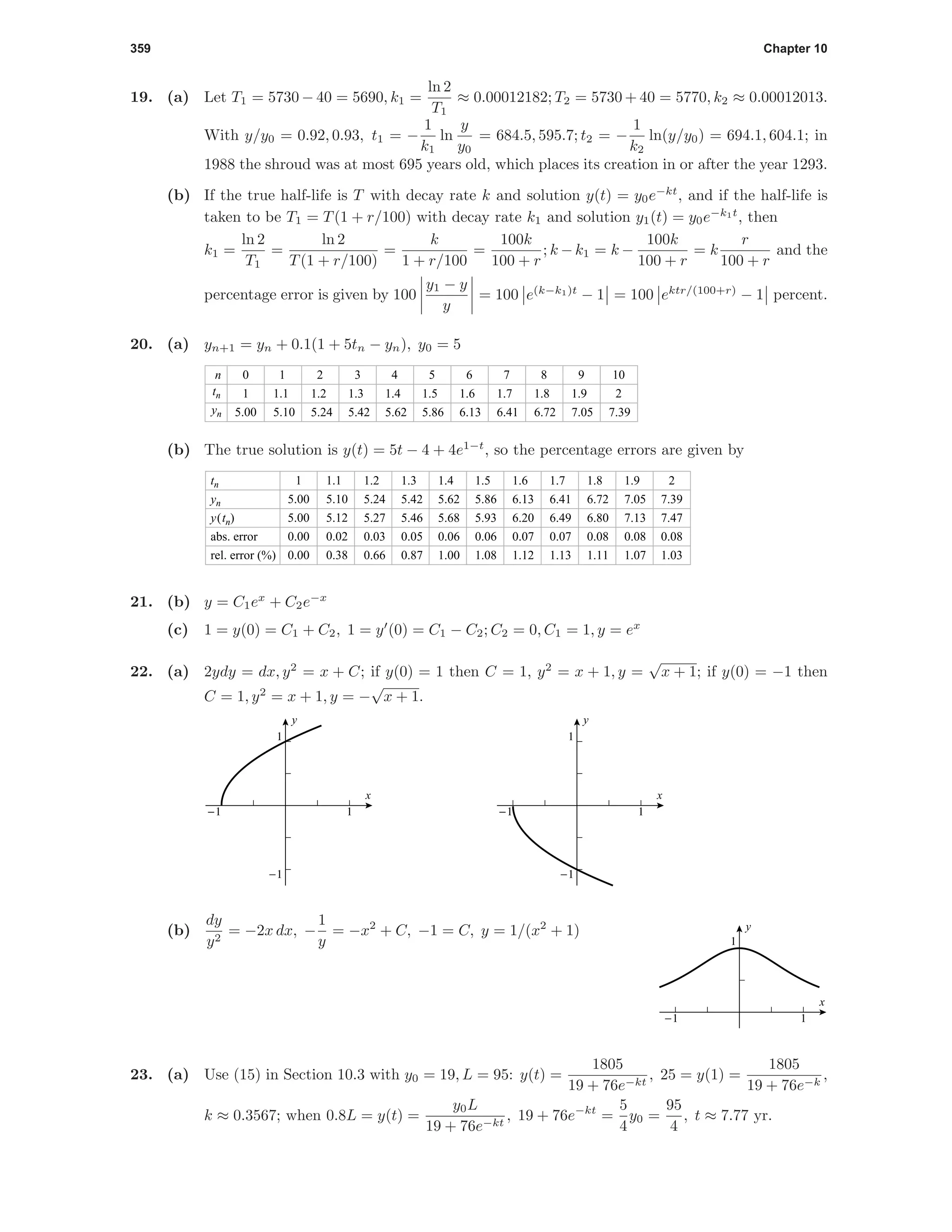 359 Chapter 10
19. (a) Let T1 = 5730 − 40 = 5690, k1 =
ln 2
T1
≈ 0.00012182; T2 = 5730 + 40 = 5770, k2 ≈ 0.00012013.
With y/y0 = 0.92, 0.93, t1 = −
1
k1
ln
y
y0
= 684.5, 595.7; t2 = −
1
k2
ln(y/y0) = 694.1, 604.1; in
1988 the shroud was at most 695 years old, which places its creation in or after the year 1293.
(b) If the true half-life is T with decay rate k and solution y(t) = y0e−kt
, and if the half-life is
taken to be T1 = T(1 + r/100) with decay rate k1 and solution y1(t) = y0e−k1t
, then
k1 =
ln 2
T1
=
ln 2
T(1 + r/100)
=
k
1 + r/100
=
100k
100 + r
; k −k1 = k −
100k
100 + r
= k
r
100 + r
and the
percentage error is given by 100
y1 − y
y
= 100 e(k−k1)t
− 1 = 100 ektr/(100+r)
− 1 percent.
20. (a) yn+1 = yn + 0.1(1 + 5tn − yn), y0 = 5
n
tn
yn
0
1
5.00
1
1.1
5.10
2 3 4 5
1.2
5.24
1.3
5.42
1.4
5.62
1.5
5.86
6
1.6
6.13
7
1.7
6.41
8
1.8
6.72
9
1.9
7.05
10
2
7.39
(b) The true solution is y(t) = 5t − 4 + 4e1−t
, so the percentage errors are given by
tn
yn
y(tn)
abs. error
rel. error (%)
1
5.00
5.00
0.00
0.00
1.1
5.10
5.12
0.02
0.38
1.2
5.24
5.27
0.03
0.66
1.3
5.42
5.46
0.05
0.87
1.4
5.62
5.68
0.06
1.00
1.5
5.86
5.93
0.06
1.08
1.6
6.13
6.20
0.07
1.12
1.7
6.41
6.49
0.07
1.13
1.8
6.72
6.80
0.08
1.11
1.9
7.05
7.13
0.08
1.07
2
7.39
7.47
0.08
1.03
21. (b) y = C1ex
+ C2e−x
(c) 1 = y(0) = C1 + C2, 1 = y (0) = C1 − C2; C2 = 0, C1 = 1, y = ex
22. (a) 2ydy = dx, y2
= x + C; if y(0) = 1 then C = 1, y2
= x + 1, y =
√
x + 1; if y(0) = −1 then
C = 1, y2
= x + 1, y = −
√
x + 1.
-1 1
-1
1
x
y
-1 1
-1
1
x
y
-1 1
1
x
y(b)
dy
y2
= −2x dx, −
1
y
= −x2
+ C, −1 = C, y = 1/(x2
+ 1)
23. (a) Use (15) in Section 10.3 with y0 = 19, L = 95: y(t) =
1805
19 + 76e−kt
, 25 = y(1) =
1805
19 + 76e−k
,
k ≈ 0.3567; when 0.8L = y(t) =
y0L
19 + 76e−kt
, 19 + 76e−kt
=
5
4
y0 =
95
4
, t ≈ 7.77 yr.
 