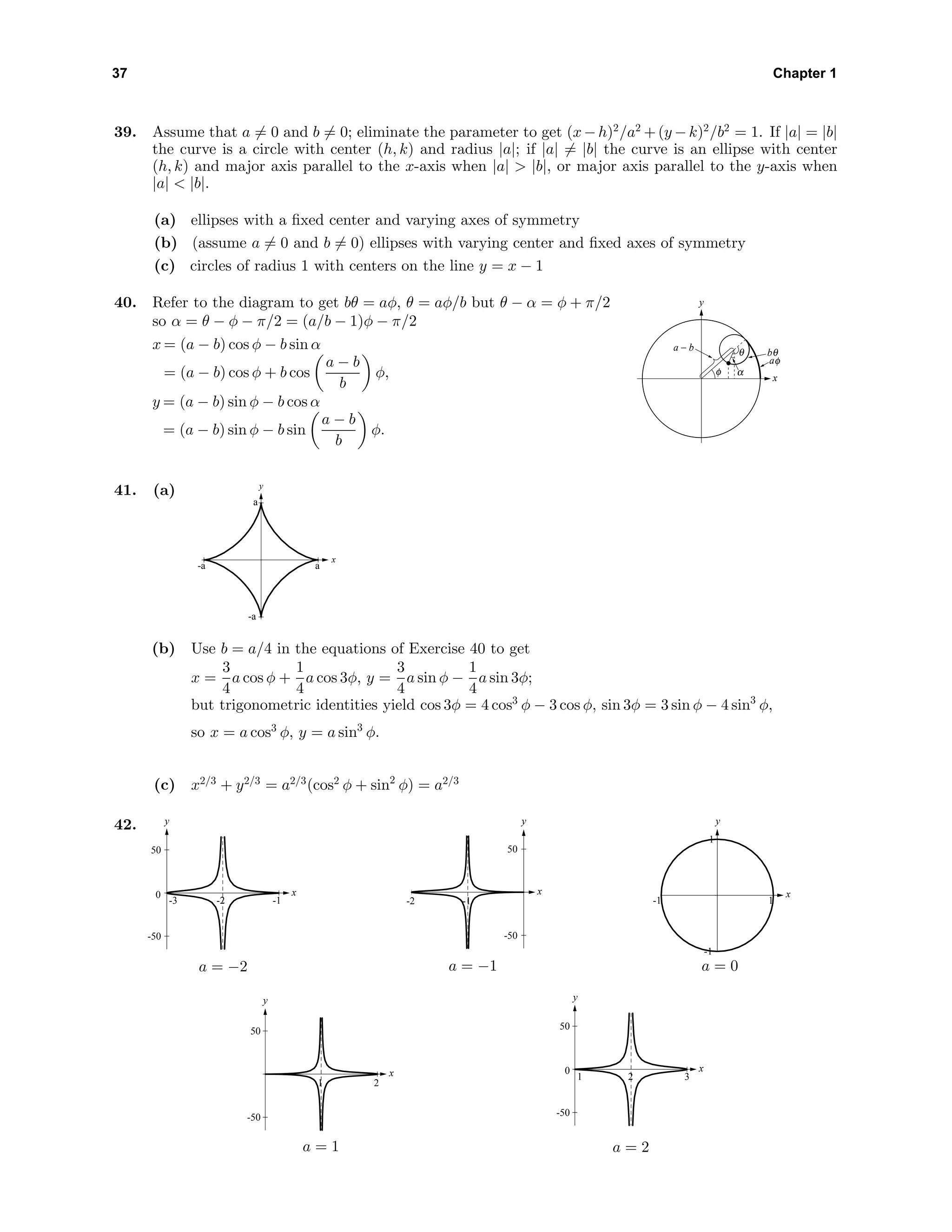 37 Chapter 1
39. Assume that a = 0 and b = 0; eliminate the parameter to get (x−h)2
/a2
+(y −k)2
/b2
= 1. If |a| = |b|
the curve is a circle with center (h, k) and radius |a|; if |a| = |b| the curve is an ellipse with center
(h, k) and major axis parallel to the x-axis when |a| > |b|, or major axis parallel to the y-axis when
|a| < |b|.
(a) ellipses with a ﬁxed center and varying axes of symmetry
(b) (assume a = 0 and b = 0) ellipses with varying center and ﬁxed axes of symmetry
(c) circles of radius 1 with centers on the line y = x − 1
40. Refer to the diagram to get bθ = aφ, θ = aφ/b but θ − α = φ + π/2
so α = θ − φ − π/2 = (a/b − 1)φ − π/2
x = (a − b) cos φ − b sin α
= (a − b) cos φ + b cos
a − b
b
φ,
y = (a − b) sin φ − b cos α
= (a − b) sin φ − b sin
a − b
b
φ.
x
y
θ
αφ
φa
θb
a − b
41. (a)
-a
a
-a a
y
x
(b) Use b = a/4 in the equations of Exercise 40 to get
x =
3
4
a cos φ +
1
4
a cos 3φ, y =
3
4
a sin φ −
1
4
a sin 3φ;
but trigonometric identities yield cos 3φ = 4 cos3
φ − 3 cos φ, sin 3φ = 3 sin φ − 4 sin3
φ,
so x = a cos3
φ, y = a sin3
φ.
(c) x2/3
+ y2/3
= a2/3
(cos2
φ + sin2
φ) = a2/3
42.
-50
0
50
y
-3 -2 -1
x
a = −2
-50
50
y
-2 -1
x
a = −1
-1
1
y
-1 1
x
a = 0
-50
50
y
1 2
x
a = 1
-50
0
50
y
1 2 3
x
a = 2
 