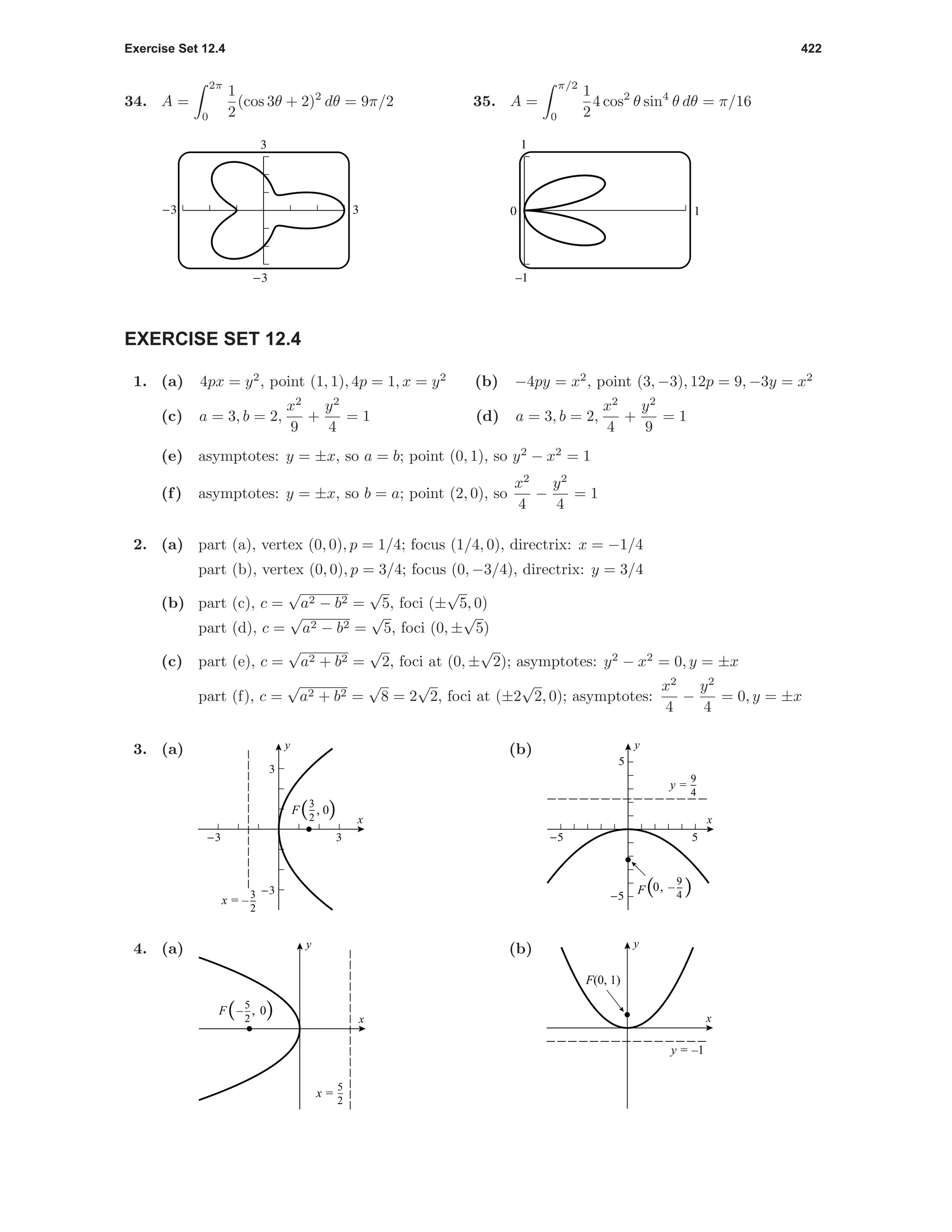 Exercise Set 12.4 422
34. A =
2π
0
1
2
(cos 3θ + 2)2
dθ = 9π/2
3
-3
-3 3
35. A =
π/2
0
1
2
4 cos2
θ sin4
θ dθ = π/16
1
–1
0 1
EXERCISE SET 12.4
1. (a) 4px = y2
, point (1, 1), 4p = 1, x = y2
(b) −4py = x2
, point (3, −3), 12p = 9, −3y = x2
(c) a = 3, b = 2,
x2
9
+
y2
4
= 1 (d) a = 3, b = 2,
x2
4
+
y2
9
= 1
(e) asymptotes: y = ±x, so a = b; point (0, 1), so y2
− x2
= 1
(f) asymptotes: y = ±x, so b = a; point (2, 0), so
x2
4
−
y2
4
= 1
2. (a) part (a), vertex (0, 0), p = 1/4; focus (1/4, 0), directrix: x = −1/4
part (b), vertex (0, 0), p = 3/4; focus (0, −3/4), directrix: y = 3/4
(b) part (c), c =
√
a2 − b2 =
√
5, foci (±
√
5, 0)
part (d), c =
√
a2 − b2 =
√
5, foci (0, ±
√
5)
(c) part (e), c =
√
a2 + b2 =
√
2, foci at (0, ±
√
2); asymptotes: y2
− x2
= 0, y = ±x
part (f), c =
√
a2 + b2 =
√
8 = 2
√
2, foci at (±2
√
2, 0); asymptotes:
x2
4
−
y2
4
= 0, y = ±x
3. (a)
-3 3
-3
3
3
2
F( , 0) x
y
3
2
x = –
(b)
x
y
9
4F(0, – )
9
4
y =
-5 5
-5
5
4. (a)
5
2
x =
5
2
F(– , 0) x
y (b)
x
y
F(0, 1)
y = –1
 