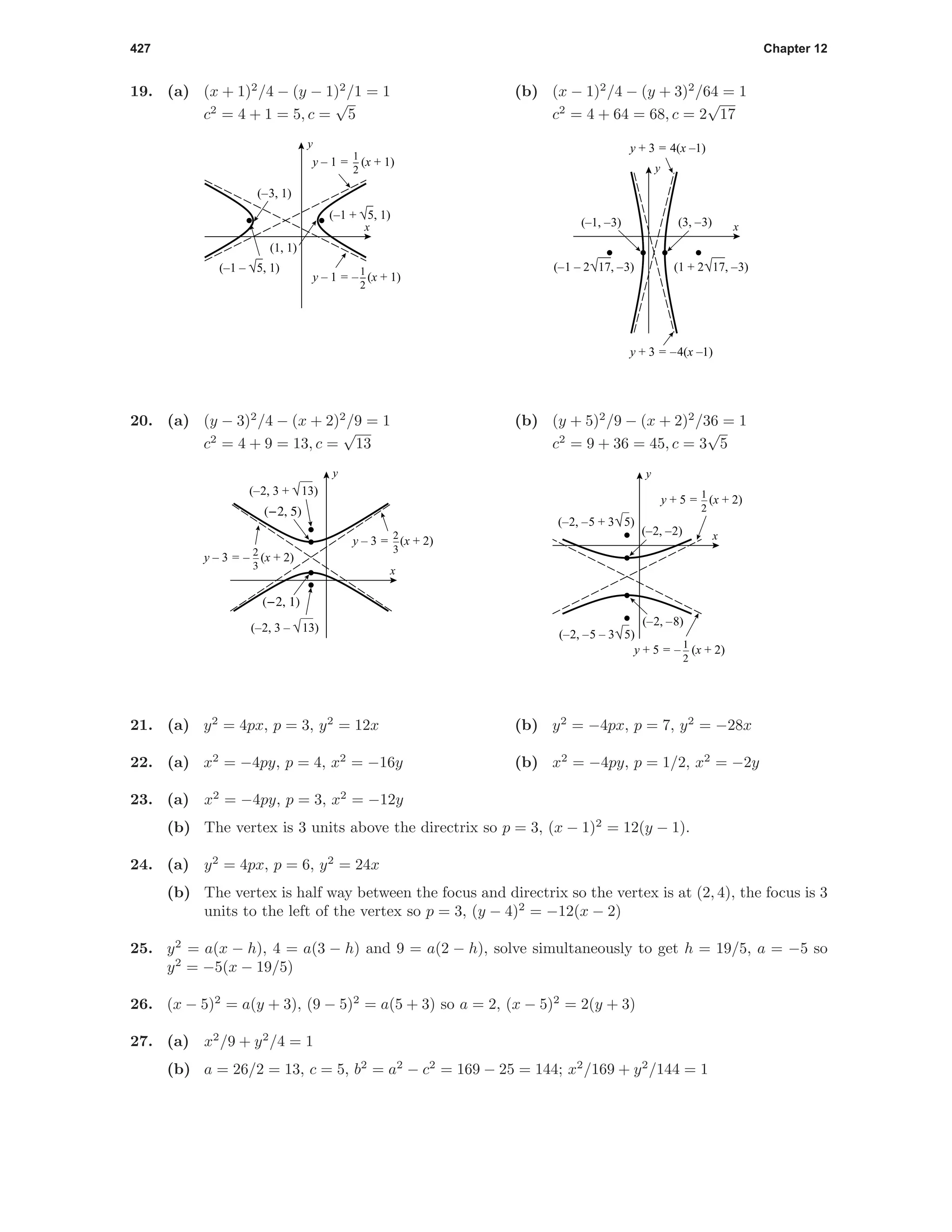 427 Chapter 12
19. (a) (x + 1)2
/4 − (y − 1)2
/1 = 1
c2
= 4 + 1 = 5, c =
√
5
(–3, 1)
(1, 1)
x
y
y – 1 = – (x + 1)1
2
y – 1 = (x + 1)1
2
(–1 – √5, 1)
(–1 + √5, 1)
(b) (x − 1)2
/4 − (y + 3)2
/64 = 1
c2
= 4 + 64 = 68, c = 2
√
17
(–1, –3) (3, –3) x
y
y + 3 = –4(x –1)
y + 3 = 4(x –1)
(1 + 2√17, –3)(–1 – 2√17, –3)
20. (a) (y − 3)2
/4 − (x + 2)2
/9 = 1
c2
= 4 + 9 = 13, c =
√
13
(-2, 5)
(-2, 1)
x
y
2
3
y – 3 = – (x + 2)
2
3
y – 3 = (x + 2)
(–2, 3 – √13)
(–2, 3 + √13)
(b) (y + 5)2
/9 − (x + 2)2
/36 = 1
c2
= 9 + 36 = 45, c = 3
√
5
(–2, –8)
(–2, –2) x
y
1
2
y + 5 = – (x + 2)
1
2
y + 5 = (x + 2)
(–2, –5 + 3√5)
(–2, –5 – 3√5)
21. (a) y2
= 4px, p = 3, y2
= 12x (b) y2
= −4px, p = 7, y2
= −28x
22. (a) x2
= −4py, p = 4, x2
= −16y (b) x2
= −4py, p = 1/2, x2
= −2y
23. (a) x2
= −4py, p = 3, x2
= −12y
(b) The vertex is 3 units above the directrix so p = 3, (x − 1)2
= 12(y − 1).
24. (a) y2
= 4px, p = 6, y2
= 24x
(b) The vertex is half way between the focus and directrix so the vertex is at (2, 4), the focus is 3
units to the left of the vertex so p = 3, (y − 4)2
= −12(x − 2)
25. y2
= a(x − h), 4 = a(3 − h) and 9 = a(2 − h), solve simultaneously to get h = 19/5, a = −5 so
y2
= −5(x − 19/5)
26. (x − 5)2
= a(y + 3), (9 − 5)2
= a(5 + 3) so a = 2, (x − 5)2
= 2(y + 3)
27. (a) x2
/9 + y2
/4 = 1
(b) a = 26/2 = 13, c = 5, b2
= a2
− c2
= 169 − 25 = 144; x2
/169 + y2
/144 = 1
 