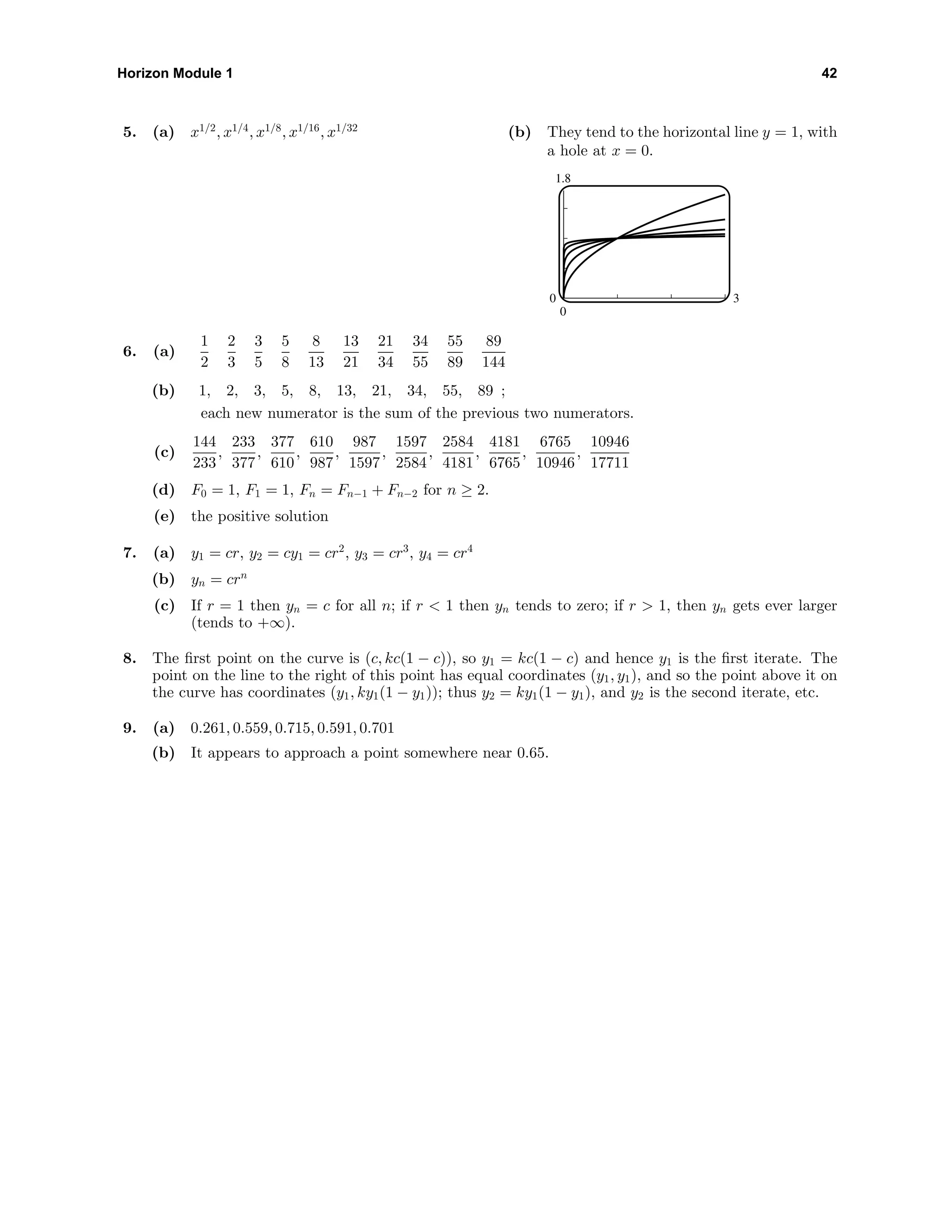 Horizon Module 1 42
5. (a) x1/2
, x1/4
, x1/8
, x1/16
, x1/32
(b) They tend to the horizontal line y = 1, with
a hole at x = 0.
1.8
0
0 3
6. (a)
1
2
2
3
3
5
5
8
8
13
13
21
21
34
34
55
55
89
89
144
(b) 1, 2, 3, 5, 8, 13, 21, 34, 55, 89 ;
each new numerator is the sum of the previous two numerators.
(c)
144
233
,
233
377
,
377
610
,
610
987
,
987
1597
,
1597
2584
,
2584
4181
,
4181
6765
,
6765
10946
,
10946
17711
(d) F0 = 1, F1 = 1, Fn = Fn−1 + Fn−2 for n ≥ 2.
(e) the positive solution
7. (a) y1 = cr, y2 = cy1 = cr2
, y3 = cr3
, y4 = cr4
(b) yn = crn
(c) If r = 1 then yn = c for all n; if r < 1 then yn tends to zero; if r > 1, then yn gets ever larger
(tends to +∞).
8. The ﬁrst point on the curve is (c, kc(1 − c)), so y1 = kc(1 − c) and hence y1 is the ﬁrst iterate. The
point on the line to the right of this point has equal coordinates (y1, y1), and so the point above it on
the curve has coordinates (y1, ky1(1 − y1)); thus y2 = ky1(1 − y1), and y2 is the second iterate, etc.
9. (a) 0.261, 0.559, 0.715, 0.591, 0.701
(b) It appears to approach a point somewhere near 0.65.
 