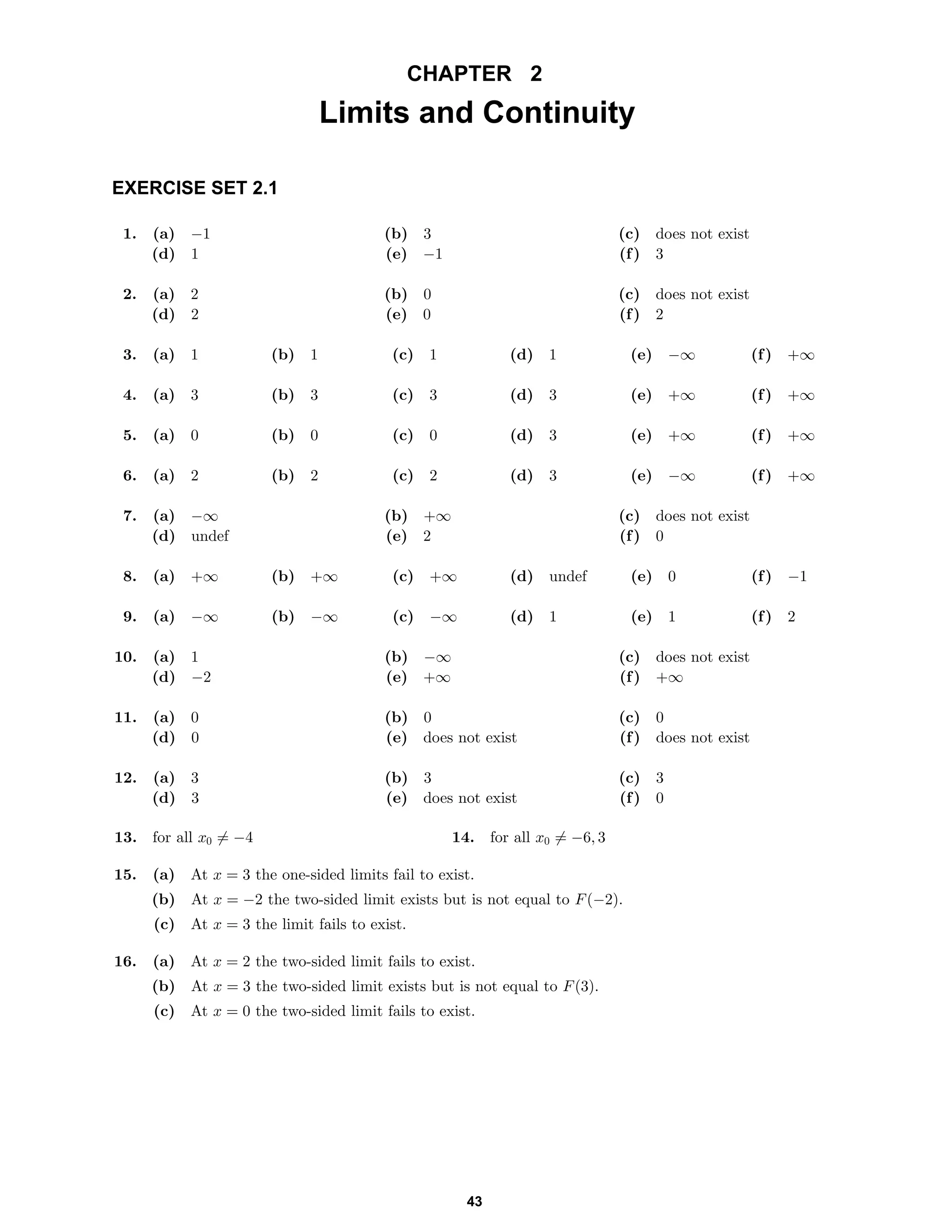CHAPTER 2
Limits and Continuity
EXERCISE SET 2.1
1. (a) −1 (b) 3 (c) does not exist
(d) 1 (e) −1 (f) 3
2. (a) 2 (b) 0 (c) does not exist
(d) 2 (e) 0 (f) 2
3. (a) 1 (b) 1 (c) 1 (d) 1 (e) −∞ (f) +∞
4. (a) 3 (b) 3 (c) 3 (d) 3 (e) +∞ (f) +∞
5. (a) 0 (b) 0 (c) 0 (d) 3 (e) +∞ (f) +∞
6. (a) 2 (b) 2 (c) 2 (d) 3 (e) −∞ (f) +∞
7. (a) −∞ (b) +∞ (c) does not exist
(d) undef (e) 2 (f) 0
8. (a) +∞ (b) +∞ (c) +∞ (d) undef (e) 0 (f) −1
9. (a) −∞ (b) −∞ (c) −∞ (d) 1 (e) 1 (f) 2
10. (a) 1 (b) −∞ (c) does not exist
(d) −2 (e) +∞ (f) +∞
11. (a) 0 (b) 0 (c) 0
(d) 0 (e) does not exist (f) does not exist
12. (a) 3 (b) 3 (c) 3
(d) 3 (e) does not exist (f) 0
13. for all x0 = −4 14. for all x0 = −6, 3
15. (a) At x = 3 the one-sided limits fail to exist.
(b) At x = −2 the two-sided limit exists but is not equal to F(−2).
(c) At x = 3 the limit fails to exist.
16. (a) At x = 2 the two-sided limit fails to exist.
(b) At x = 3 the two-sided limit exists but is not equal to F(3).
(c) At x = 0 the two-sided limit fails to exist.
43
 