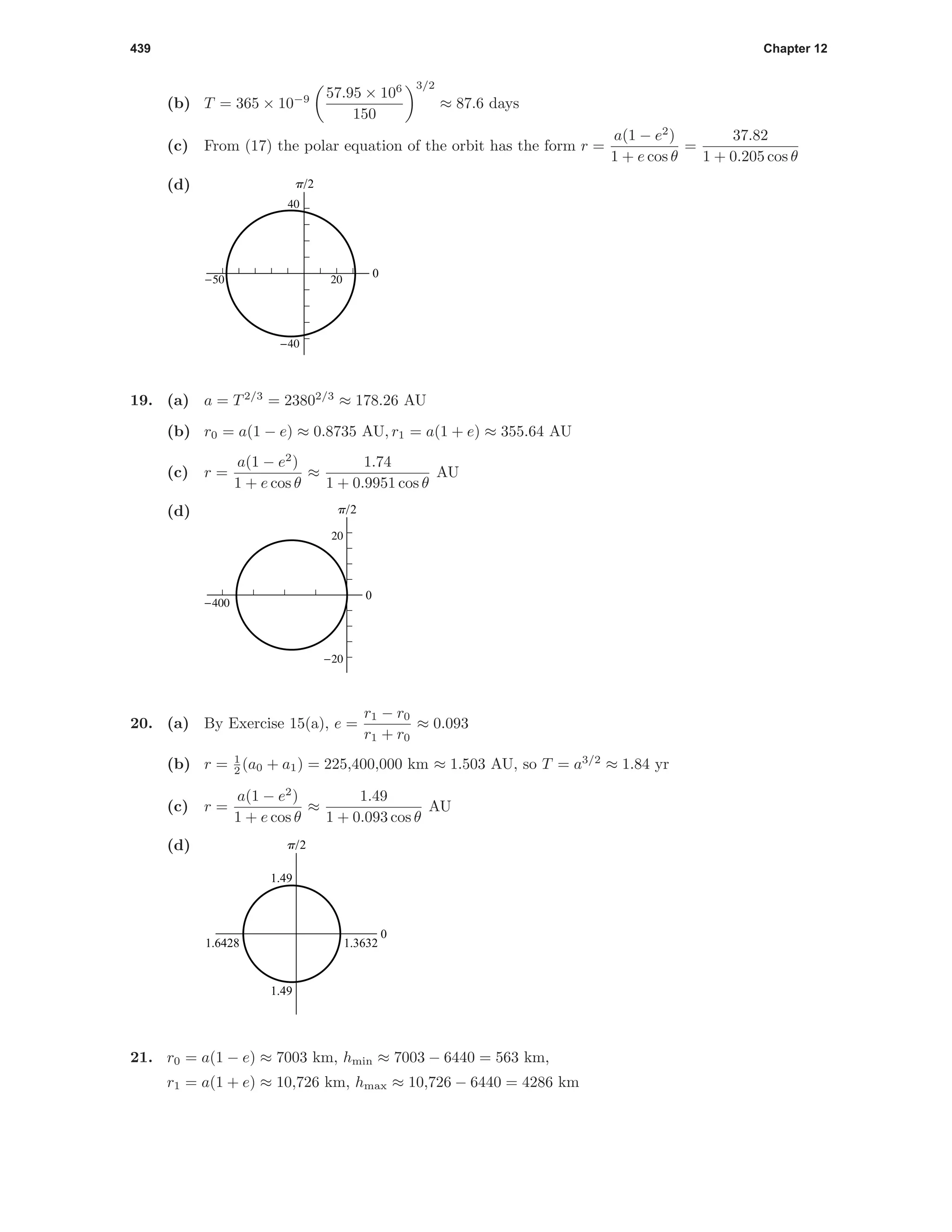 439 Chapter 12
(b) T = 365 × 10−9 57.95 × 106
150
3/2
≈ 87.6 days
(c) From (17) the polar equation of the orbit has the form r =
a(1 − e2
)
1 + e cos θ
=
37.82
1 + 0.205 cos θ
(d)
0
p/2
20-50
-40
40
19. (a) a = T2/3
= 23802/3
≈ 178.26 AU
(b) r0 = a(1 − e) ≈ 0.8735 AU, r1 = a(1 + e) ≈ 355.64 AU
(c) r =
a(1 − e2
)
1 + e cos θ
≈
1.74
1 + 0.9951 cos θ
AU
(d)
0
p/2
-400
-20
20
20. (a) By Exercise 15(a), e =
r1 − r0
r1 + r0
≈ 0.093
(b) r = 1
2 (a0 + a1) = 225,400,000 km ≈ 1.503 AU, so T = a3/2
≈ 1.84 yr
(c) r =
a(1 − e2
)
1 + e cos θ
≈
1.49
1 + 0.093 cos θ
AU
(d)
0
p/2
1.3632
1.49
1.49
1.6428
21. r0 = a(1 − e) ≈ 7003 km, hmin ≈ 7003 − 6440 = 563 km,
r1 = a(1 + e) ≈ 10,726 km, hmax ≈ 10,726 − 6440 = 4286 km
 