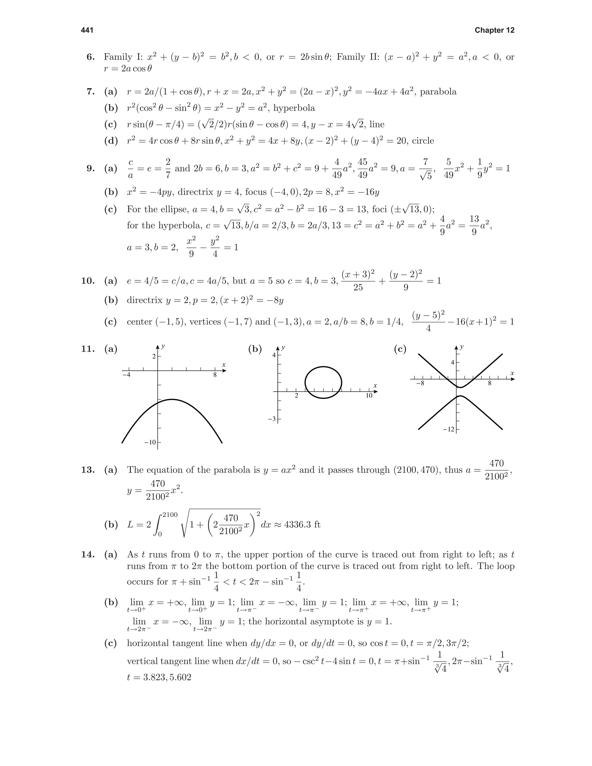 441 Chapter 12
6. Family I: x2
+ (y − b)2
= b2
, b < 0, or r = 2b sin θ; Family II: (x − a)2
+ y2
= a2
, a < 0, or
r = 2a cos θ
7. (a) r = 2a/(1 + cos θ), r + x = 2a, x2
+ y2
= (2a − x)2
, y2
= −4ax + 4a2
, parabola
(b) r2
(cos2
θ − sin2
θ) = x2
− y2
= a2
, hyperbola
(c) r sin(θ − π/4) = (
√
2/2)r(sin θ − cos θ) = 4, y − x = 4
√
2, line
(d) r2
= 4r cos θ + 8r sin θ, x2
+ y2
= 4x + 8y, (x − 2)2
+ (y − 4)2
= 20, circle
9. (a)
c
a
= e =
2
7
and 2b = 6, b = 3, a2
= b2
+ c2
= 9 +
4
49
a2
,
45
49
a2
= 9, a =
7
√
5
,
5
49
x2
+
1
9
y2
= 1
(b) x2
= −4py, directrix y = 4, focus (−4, 0), 2p = 8, x2
= −16y
(c) For the ellipse, a = 4, b =
√
3, c2
= a2
− b2
= 16 − 3 = 13, foci (±
√
13, 0);
for the hyperbola, c =
√
13, b/a = 2/3, b = 2a/3, 13 = c2
= a2
+ b2
= a2
+
4
9
a2
=
13
9
a2
,
a = 3, b = 2,
x2
9
−
y2
4
= 1
10. (a) e = 4/5 = c/a, c = 4a/5, but a = 5 so c = 4, b = 3,
(x + 3)2
25
+
(y − 2)2
9
= 1
(b) directrix y = 2, p = 2, (x + 2)2
= −8y
(c) center (−1, 5), vertices (−1, 7) and (−1, 3), a = 2, a/b = 8, b = 1/4,
(y − 5)2
4
−16(x+1)2
= 1
11. (a)
-4 8
-10
2
x
y
(b)
2 10
-3
4
x
y (c)
-8 8
-12
4
x
y
13. (a) The equation of the parabola is y = ax2
and it passes through (2100, 470), thus a =
470
21002
,
y =
470
21002
x2
.
(b) L = 2
2100
0
1 + 2
470
21002
x
2
dx ≈ 4336.3 ft
14. (a) As t runs from 0 to π, the upper portion of the curve is traced out from right to left; as t
runs from π to 2π the bottom portion of the curve is traced out from right to left. The loop
occurs for π + sin−1 1
4
< t < 2π − sin−1 1
4
.
(b) lim
t→0+
x = +∞, lim
t→0+
y = 1; lim
t→π−
x = −∞, lim
t→π−
y = 1; lim
t→π+
x = +∞, lim
t→π+
y = 1;
lim
t→2π−
x = −∞, lim
t→2π−
y = 1; the horizontal asymptote is y = 1.
(c) horizontal tangent line when dy/dx = 0, or dy/dt = 0, so cos t = 0, t = π/2, 3π/2;
vertical tangent line when dx/dt = 0, so − csc2
t−4 sin t = 0, t = π+sin−1 1
3
√
4
, 2π−sin−1 1
3
√
4
,
t = 3.823, 5.602
 